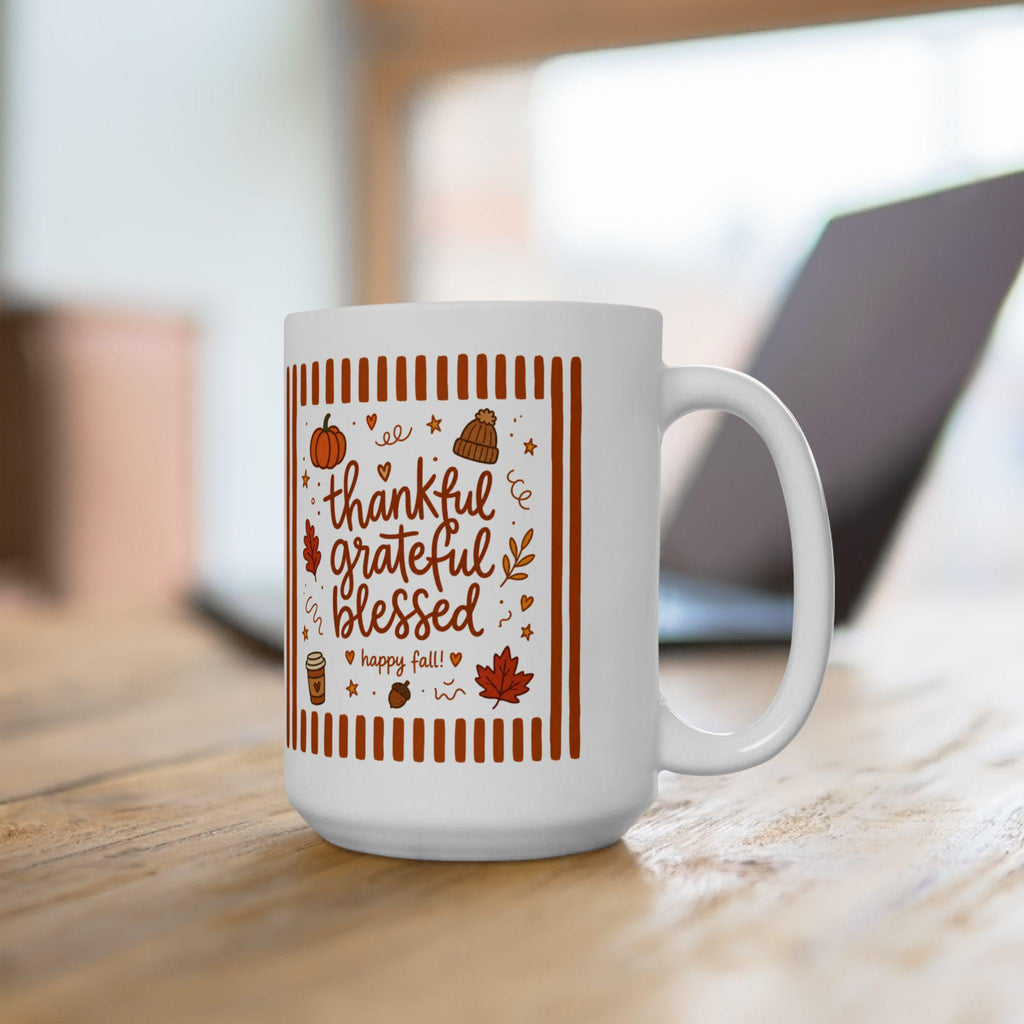 Thankful Grateful Blessed Ceramic Mug | 11oz 15oz, Fall Pumpkin Mug, Cozy Autumn Cup, Thanksgiving Gift, Farmhouse Kitchen Fall Coffee Cup