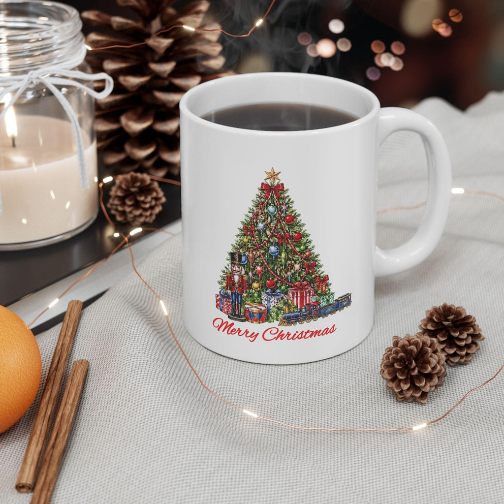 Merry Christmas Tree Mug, Nutcracker Train Gifts Coffee Cup, Vintage Holiday Mug, Christmas Morning Mug Gift, Xmas Tree Hot Cocoa Mug