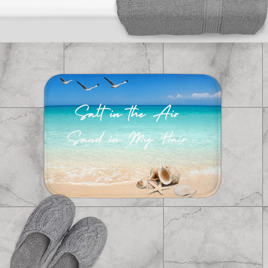 Salt in the Air Beach Scene Bath Mat | Seashells, Ocean Waves, Coastal Décor, Coastal Bathroom Deco, Seaside Bathroom Rug, Housewarming Gift