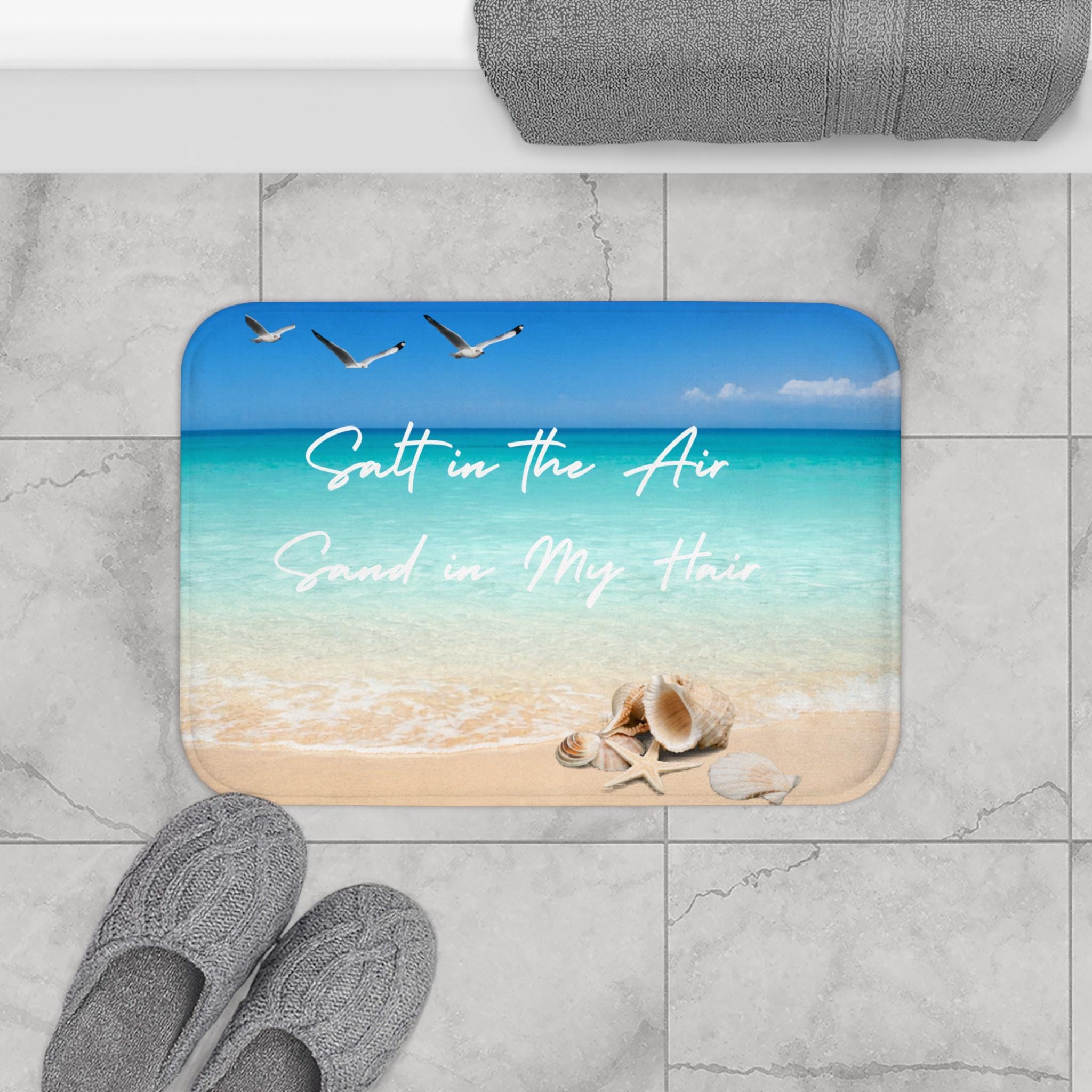Salt in the Air Beach Scene Bath Mat | Seashells, Ocean Waves, Coastal Décor, Coastal Bathroom Deco, Seaside Bathroom Rug, Housewarming Gift