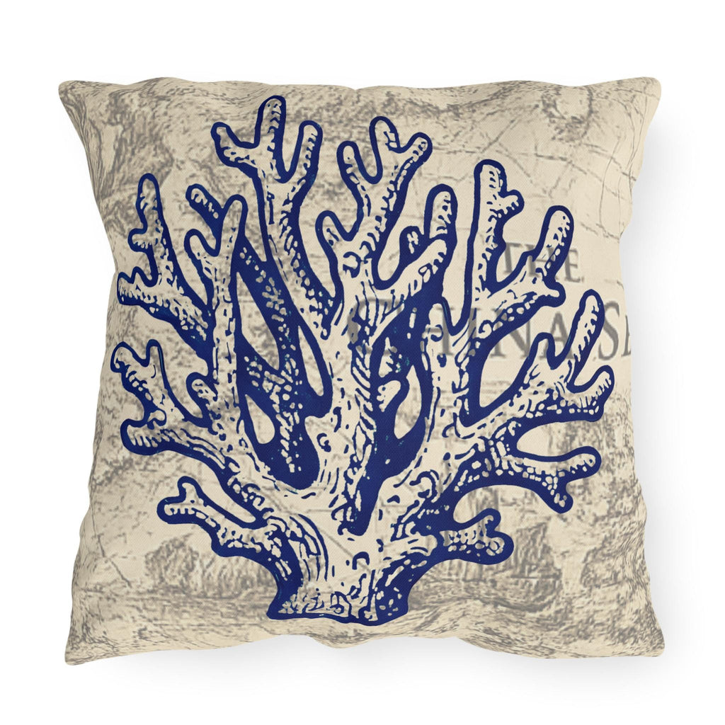 Nautical Blue Coral Outdoor Pillow | Coastal Seaside Map Accent, Beach House Porch Cushion