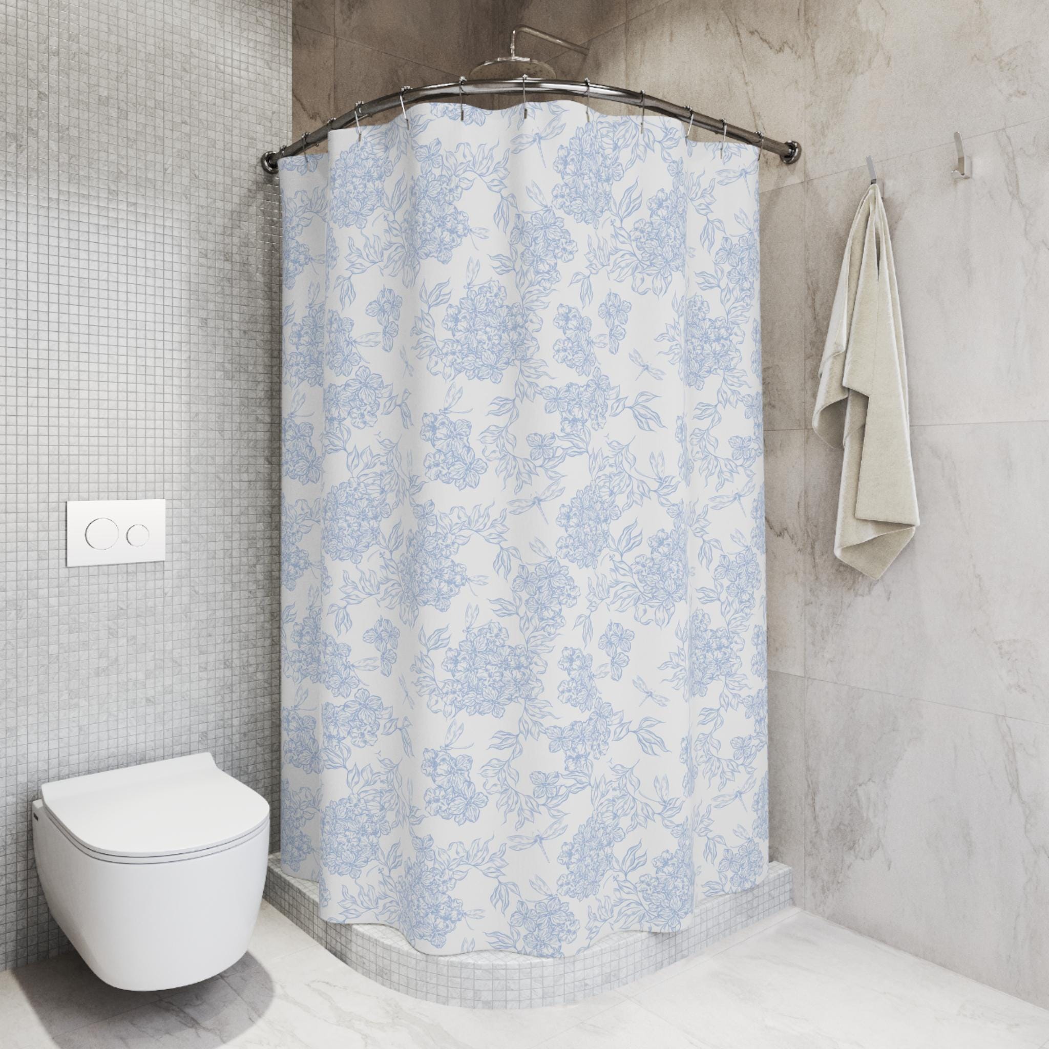 Blue Floral Toile Shower Curtain | Cottage Bathroom Decor, New Home Bathroom Gift, Light Blue Floral Cottage Core Shower Curtain