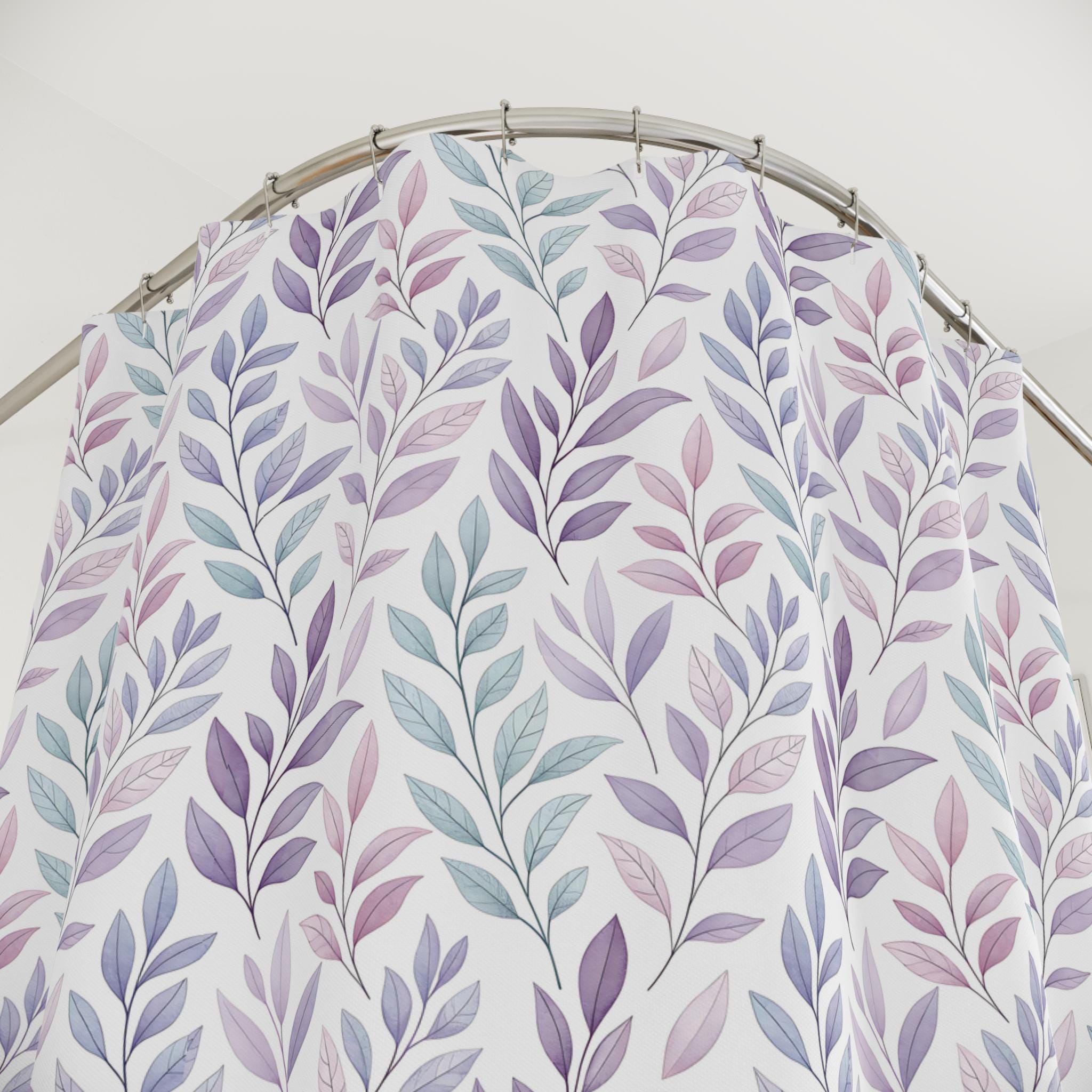 Purple Botanical Leaf Shower Curtain, Watercolor Leaves Bathroom Decor, Boho Floral Teal Mauve Bath Curtain, Minimalist Nature Home Gift