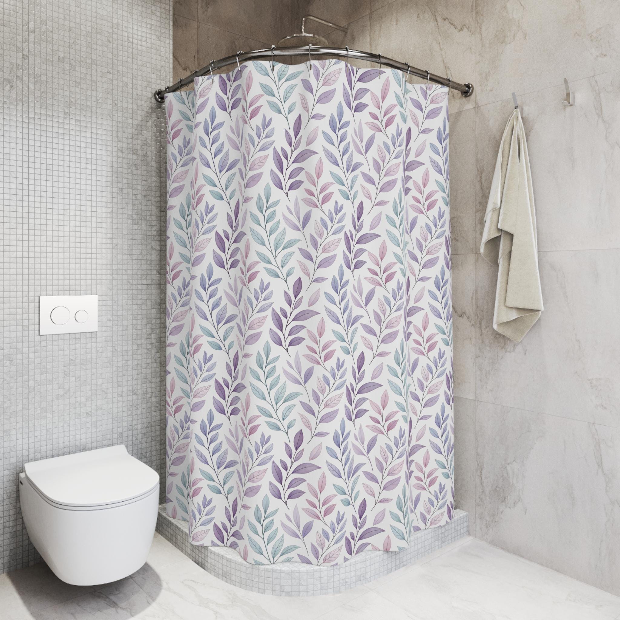 Purple Botanical Leaf Shower Curtain, Watercolor Leaves Bathroom Decor, Boho Floral Teal Mauve Bath Curtain, Minimalist Nature Home Gift