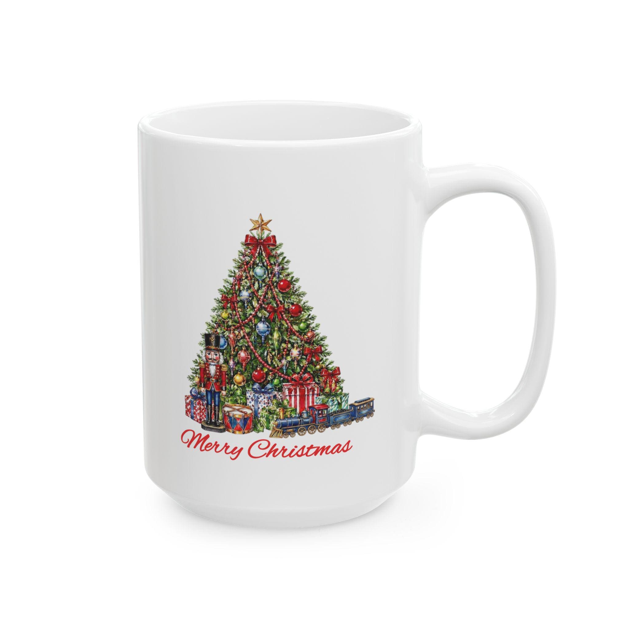 Merry Christmas Tree Mug, Nutcracker Train Gifts Coffee Cup, Vintage Holiday Mug, Christmas Morning Mug Gift, Xmas Tree Hot Cocoa Mug