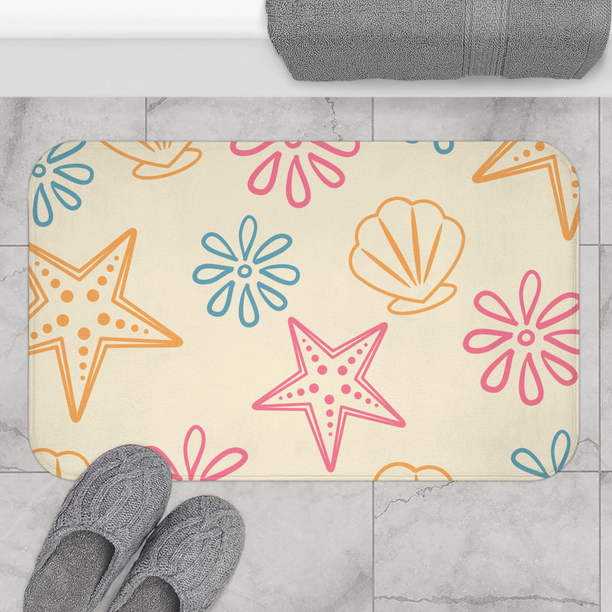 Pastel Seashell Starfish Pattern Bath Mat  Beach Bathroom Decor, Coastal Inspired Beach Bathroom Rug, Housewarming Gift, Seaside Bathroommat