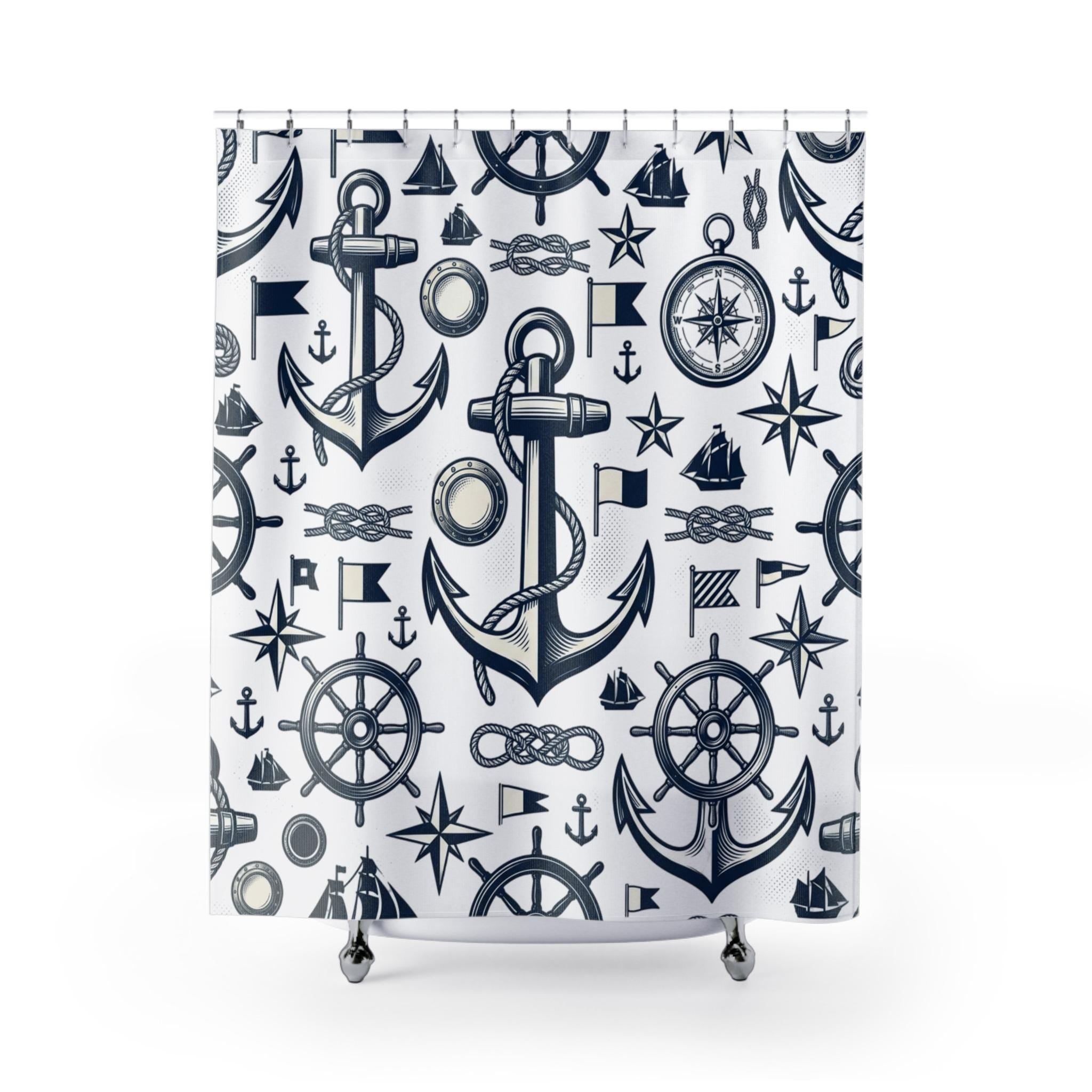 Nautical Anchor Pattern Shower Curtain Maritime Wheel Compass Sailboat, New Home Gift, Beach Lake Vacation Home Deco Graphic Shower Curtain