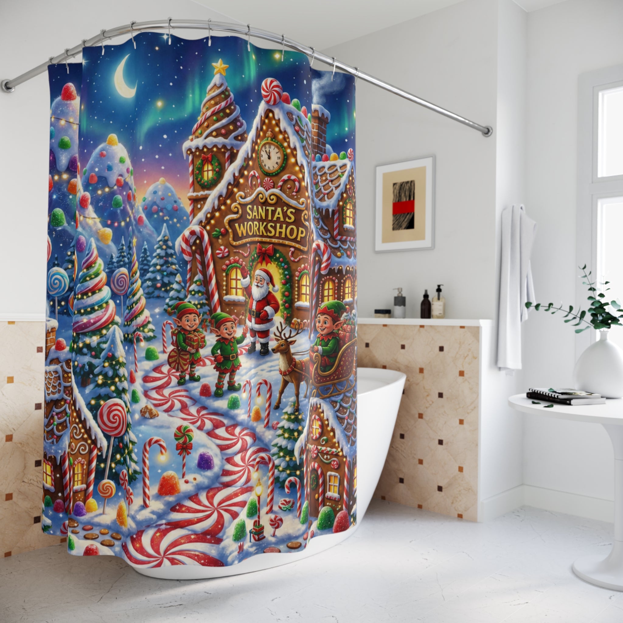 Christmas Candy Land Shower Curtain, Santa's Workshop Gingerbread Village, Festive Holiday Bathroom Decor, Colorful Whimsical Xmas Gift