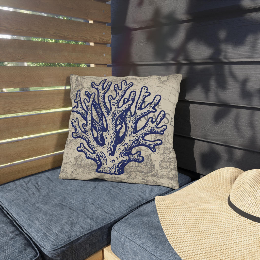 Nautical Blue Coral Outdoor Pillow | Coastal Seaside Map Accent, Beach House Porch Cushion