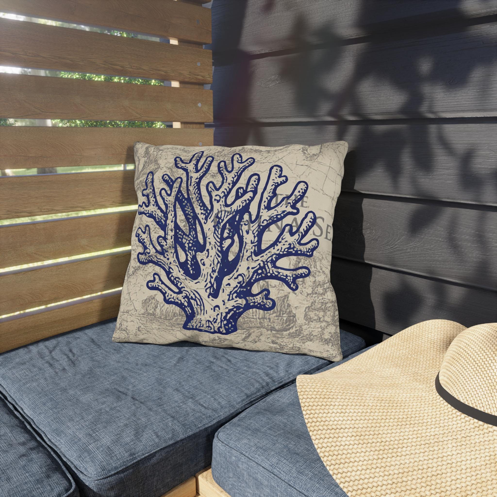 Nautical Blue Coral Outdoor Pillow | Coastal Seaside Map Accent, Beach House Porch Cushion