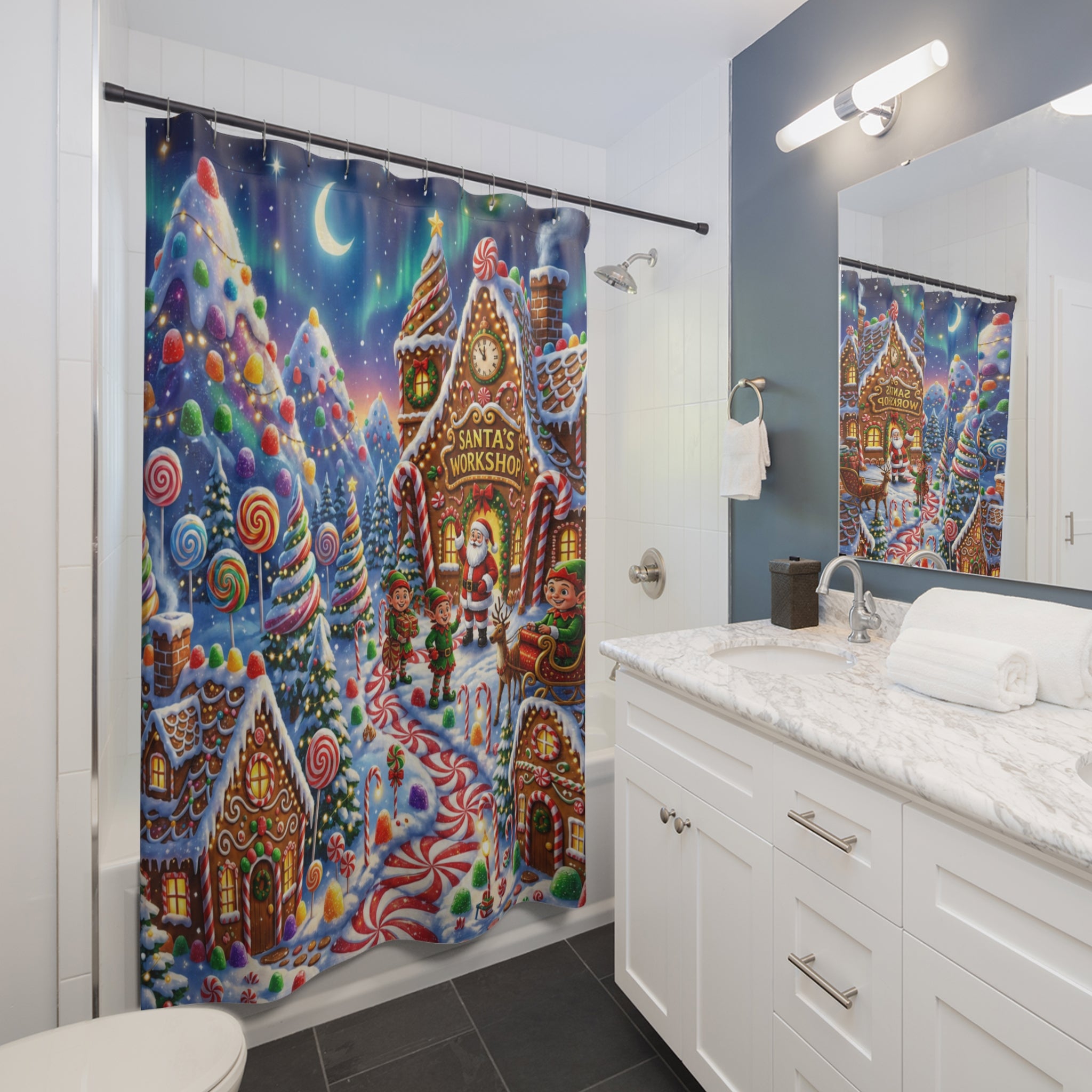 Christmas Candy Land Shower Curtain, Santa's Workshop Gingerbread Village, Festive Holiday Bathroom Decor, Colorful Whimsical Xmas Gift