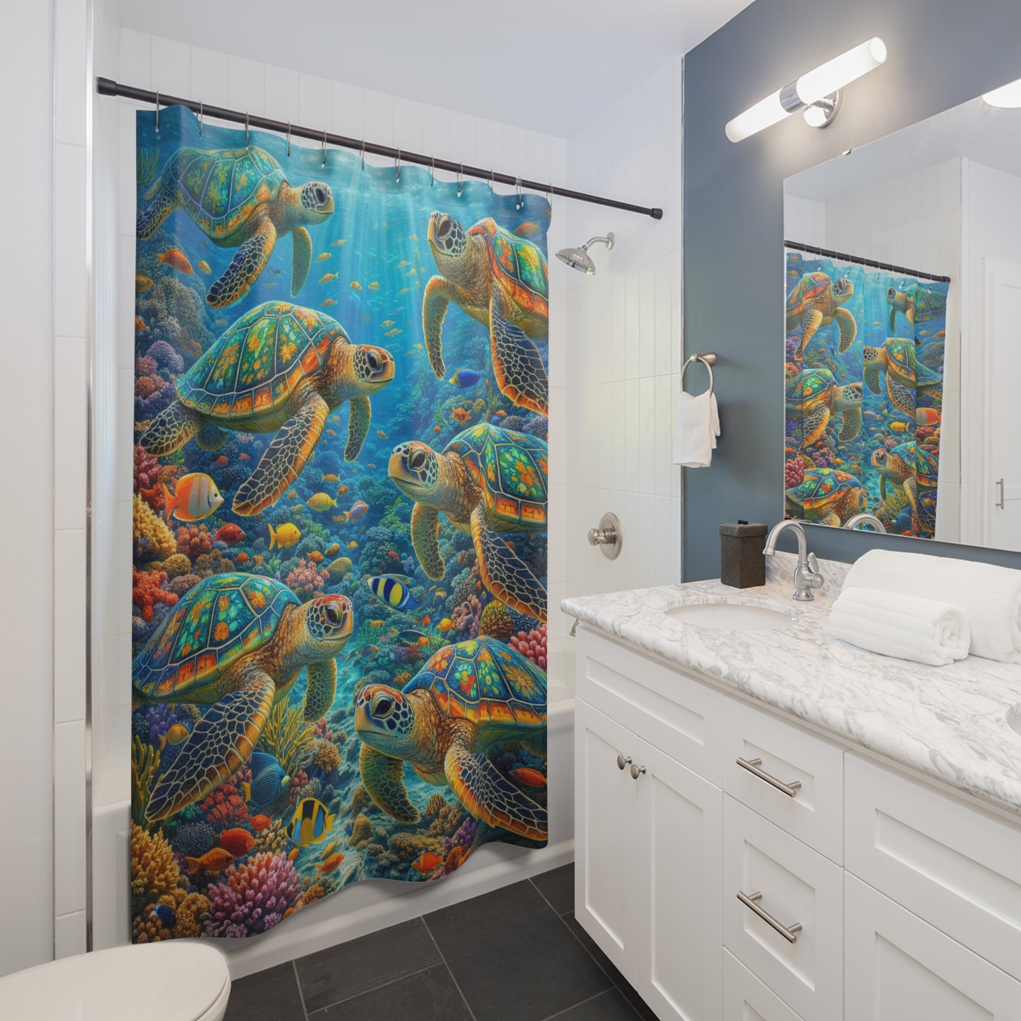 Sea Turtle Shower Curtain, Colorful Ocean Coral Reef Bathroom Decor, Tropical Fish Underwater Print, Beach House Bathroom, Nature Art Gift