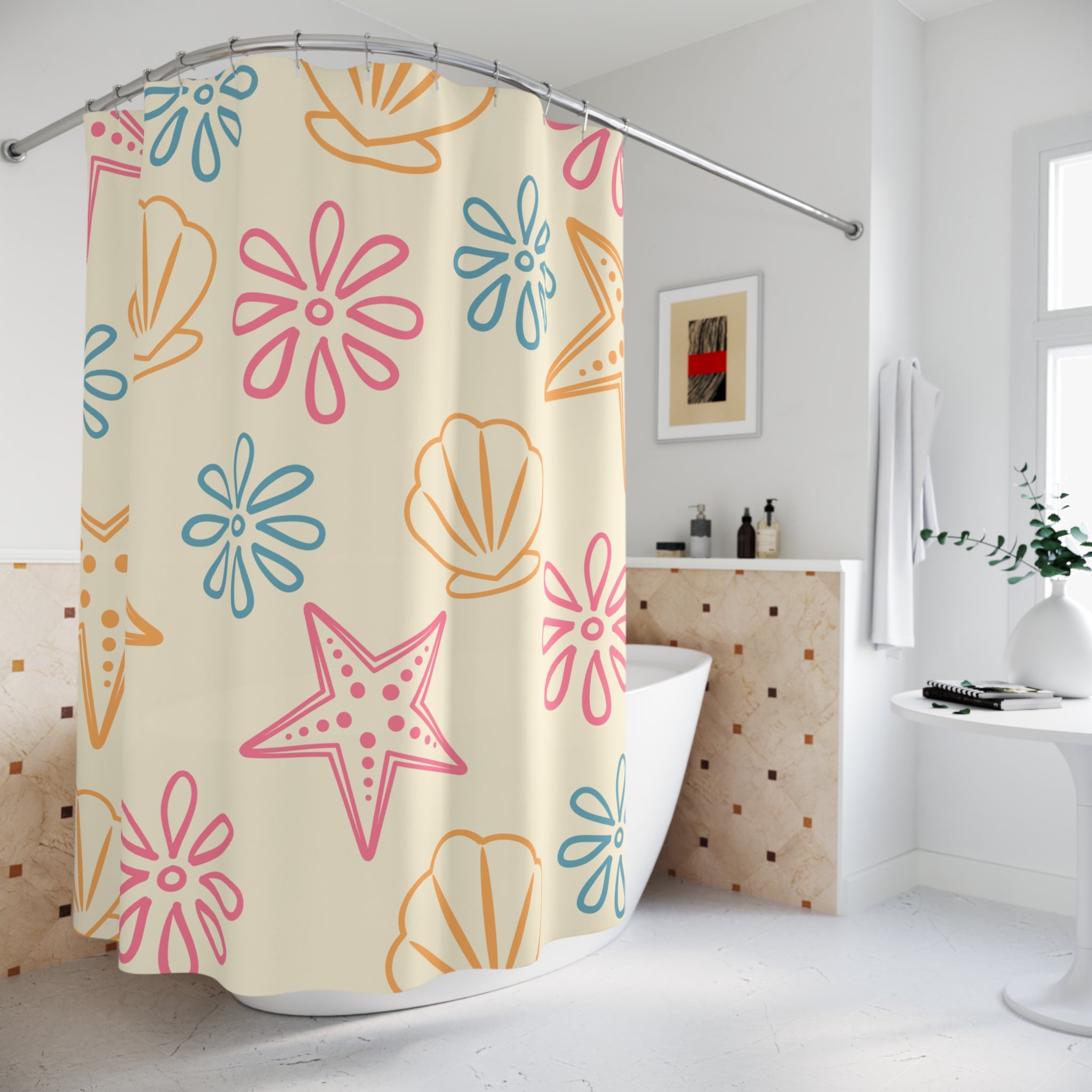 Beach Shells Shower Curtain — Coastal Starfish & Seashell Pattern, Pastel Nautical Bathroom Decor