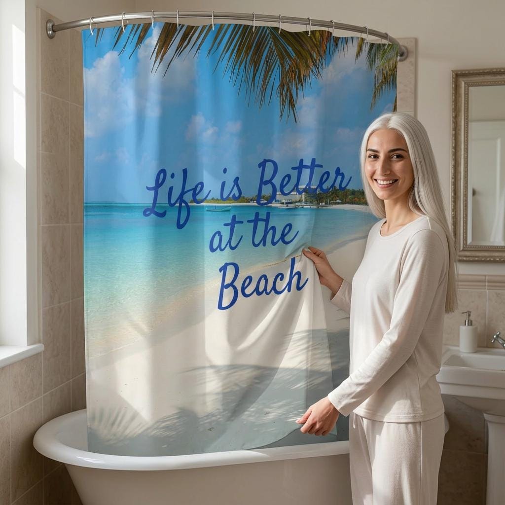 Life Is Better at the Beach Shower Curtain | Beach Scene, Vacation House Deco, Beach Bathroom Accessory, Coastal Deco for Home, House Gift