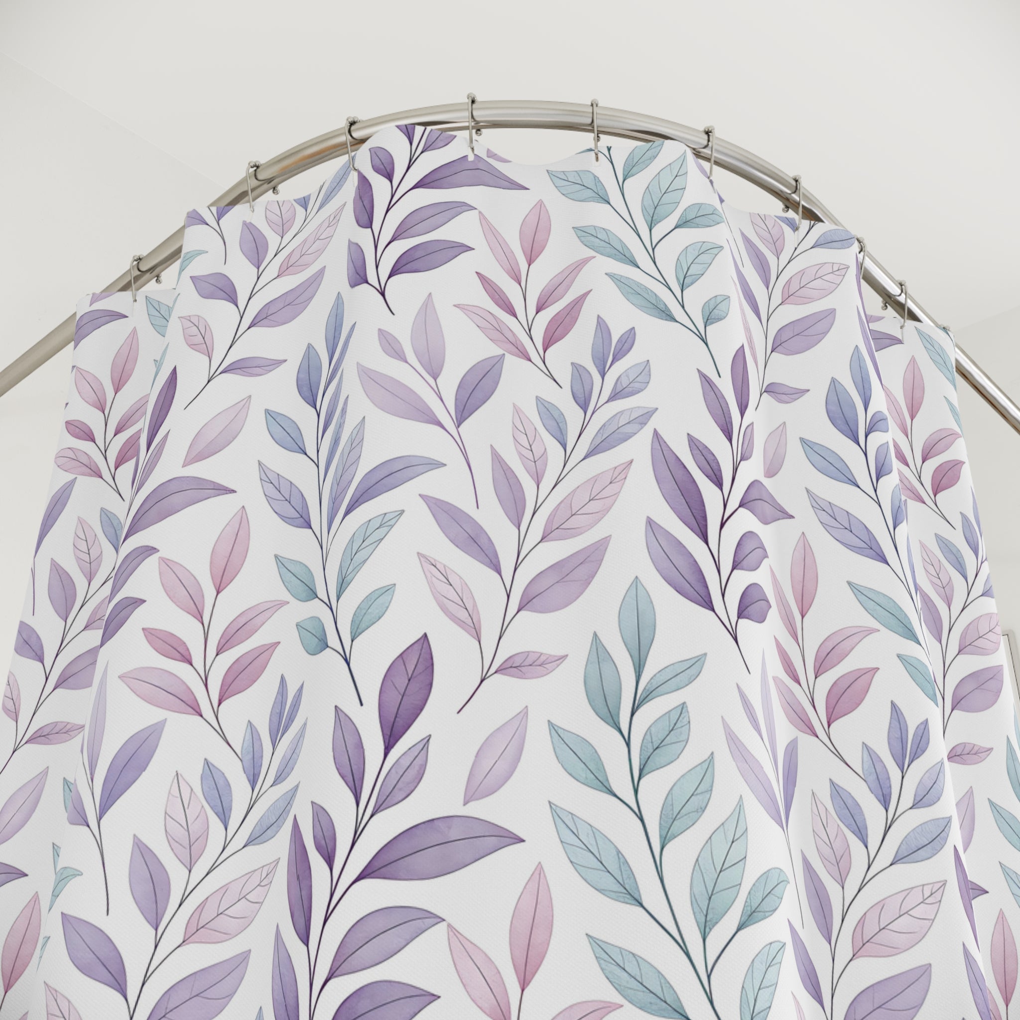 Pastel Leaf Shower Curtain — Lavender & Teal Botanical Bathroom Decor