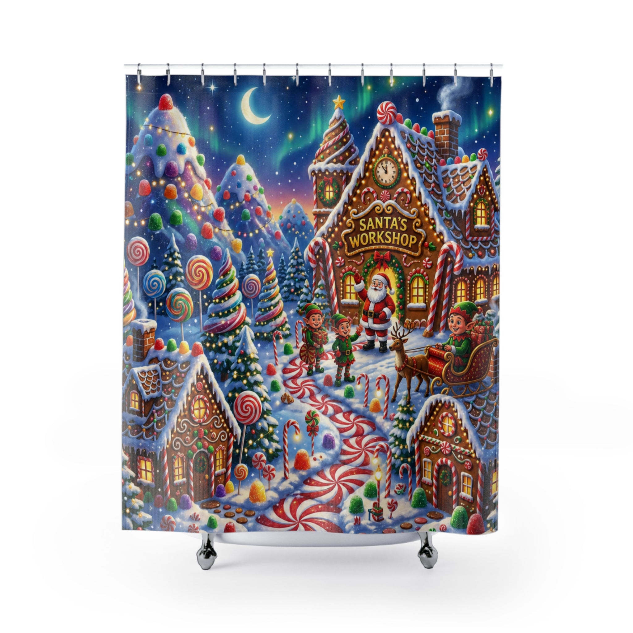 Christmas Candy Land Shower Curtain, Santa's Workshop Gingerbread Village, Festive Holiday Bathroom Decor, Colorful Whimsical Xmas Gift