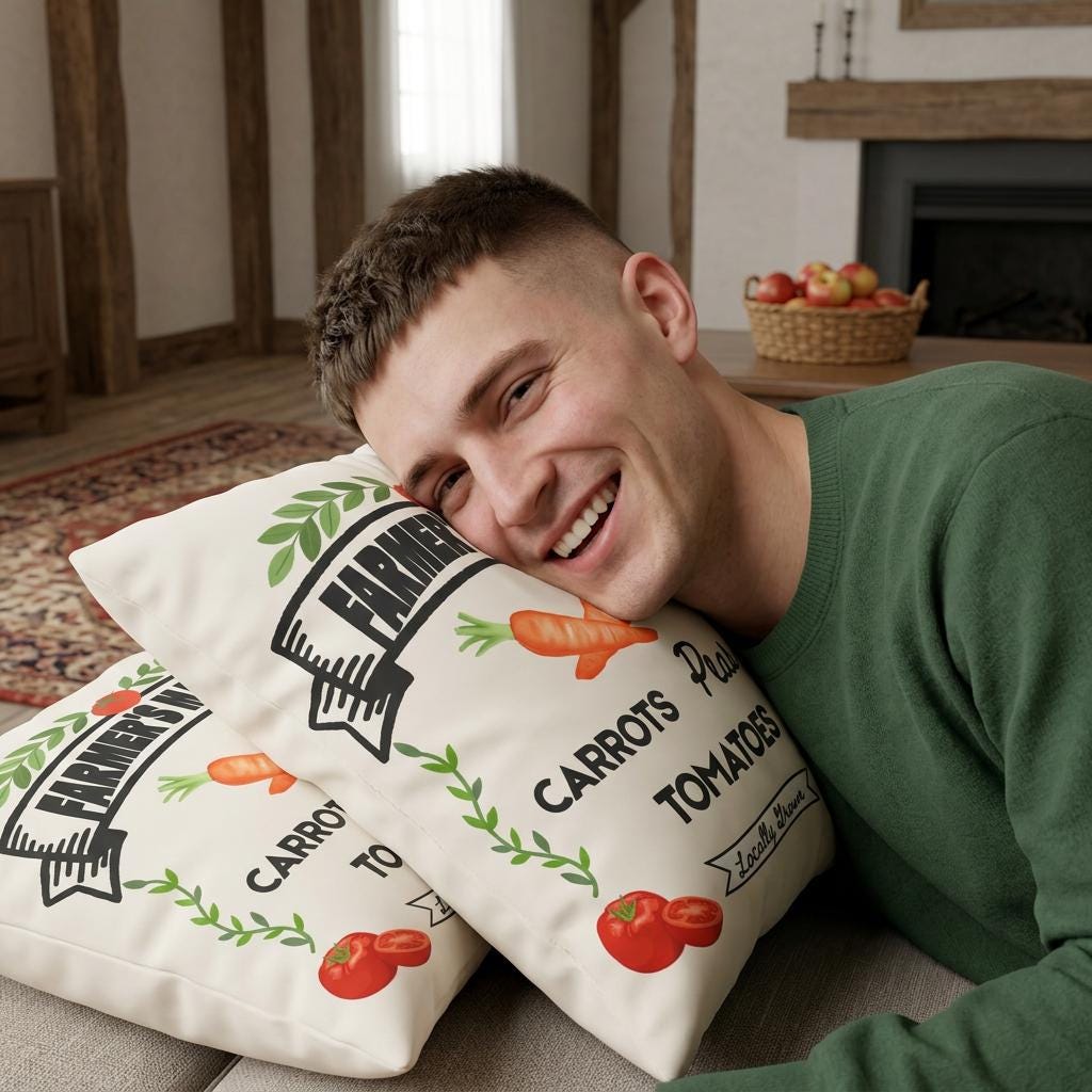 Farmer's Market Pillow, Watercolor Carrots Peas Tomatoes, Rustic Home Decor