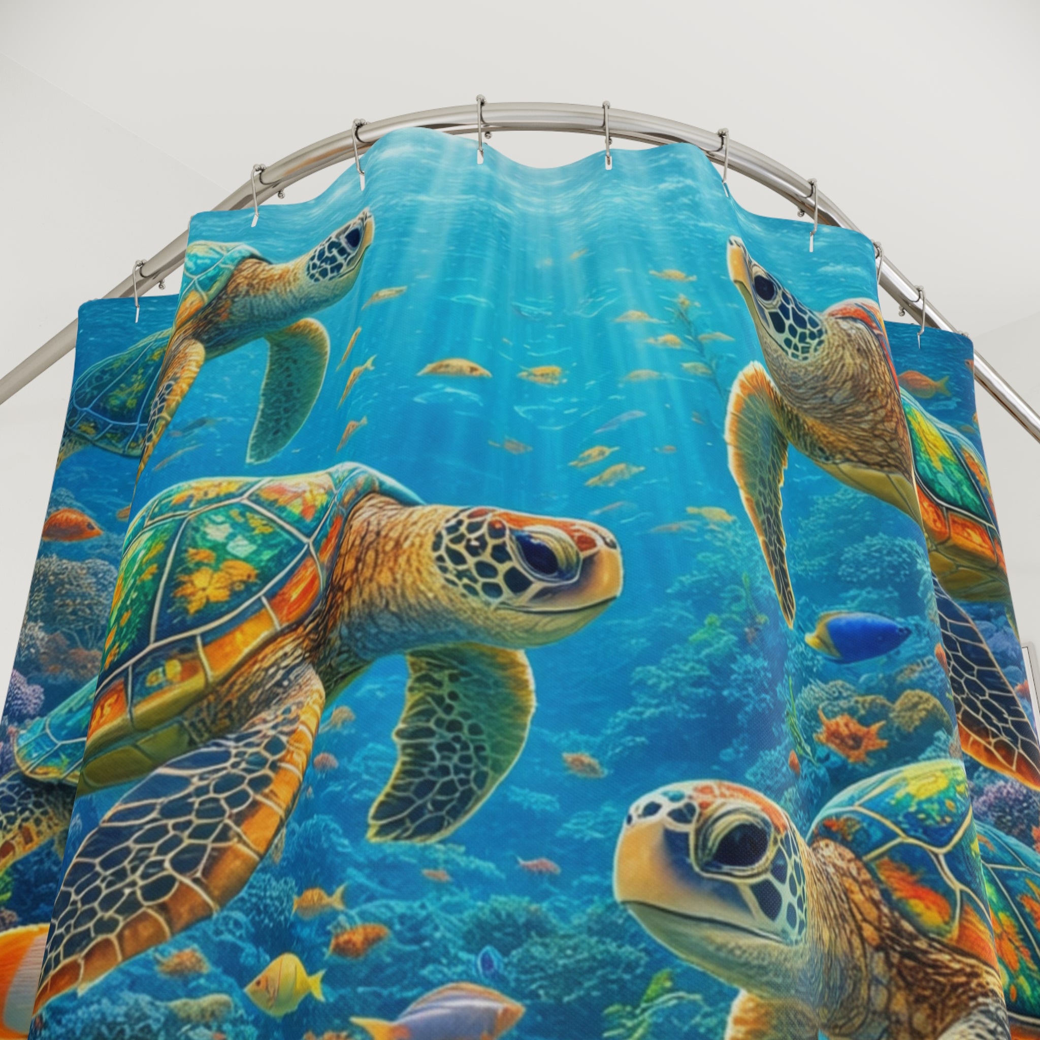 Sea Turtle Shower Curtain, Colorful Ocean Coral Reef Bathroom Decor, Tropical Fish Underwater Print, Beach House Bathroom, Nature Art Gift