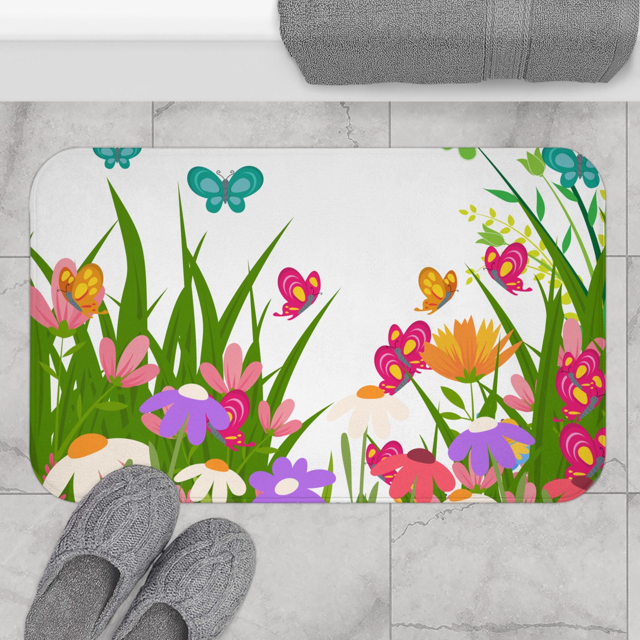 Colorful Wildflower Meadow Bath Mat | Butterflies Floral Spring, Cute Bathmat, Housewarming Gift, Floral Bathroom Deco, Luxury Bathroom Rug