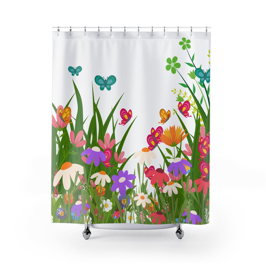 Colorful Wildflower Meadow Shower Curtain | Butterflies, Grass, Floral, New Home Bathroom Gift, Flower Pattern Shower Curtain