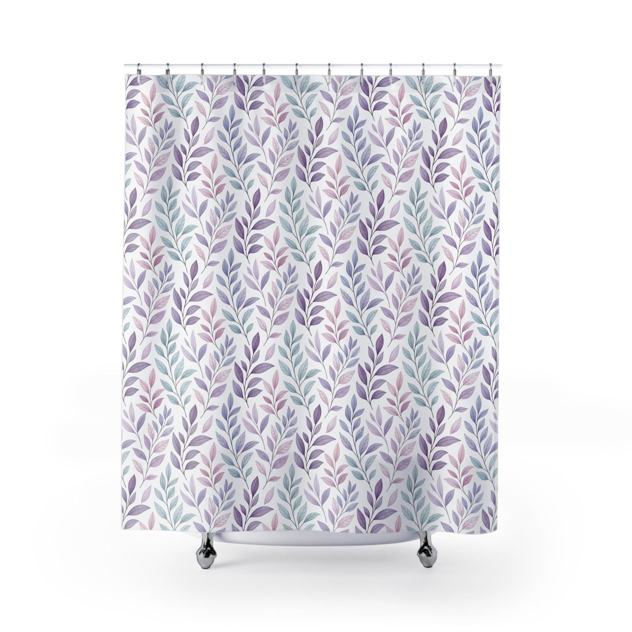 Purple Botanical Leaf Shower Curtain, Watercolor Leaves Bathroom Decor, Boho Floral Teal Mauve Bath Curtain, Minimalist Nature Home Gift
