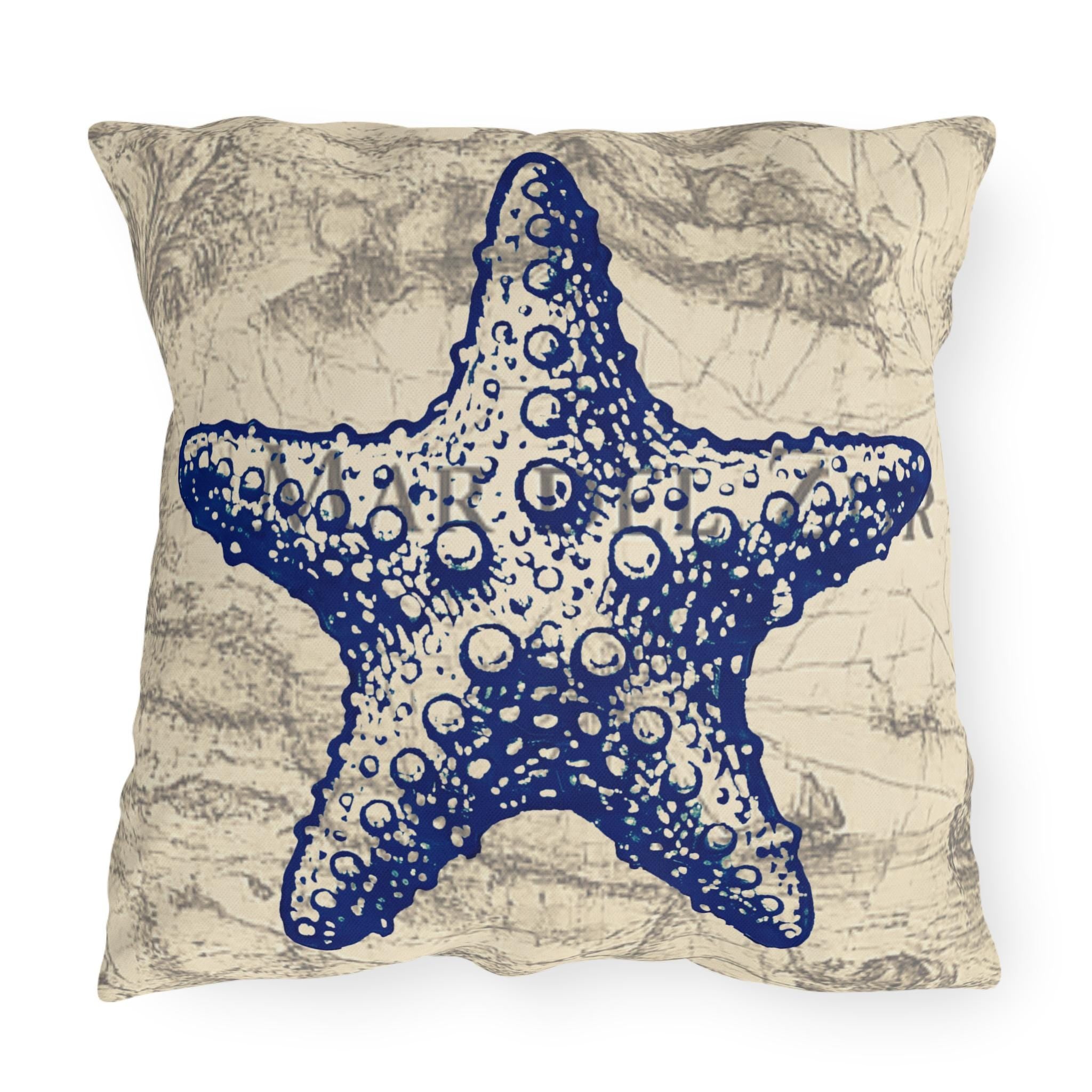 Nautical Blue Starfish Outdoor Pillow | Coastal Beach Decorative Cushion