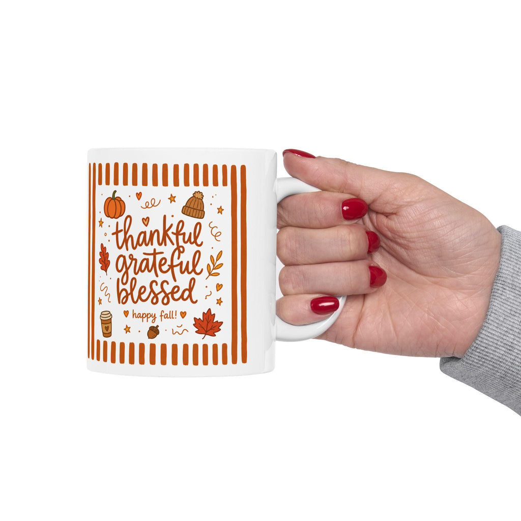 Thankful Grateful Blessed Ceramic Mug | 11oz 15oz, Fall Pumpkin Mug, Cozy Autumn Cup, Thanksgiving Gift, Farmhouse Kitchen Fall Coffee Cup