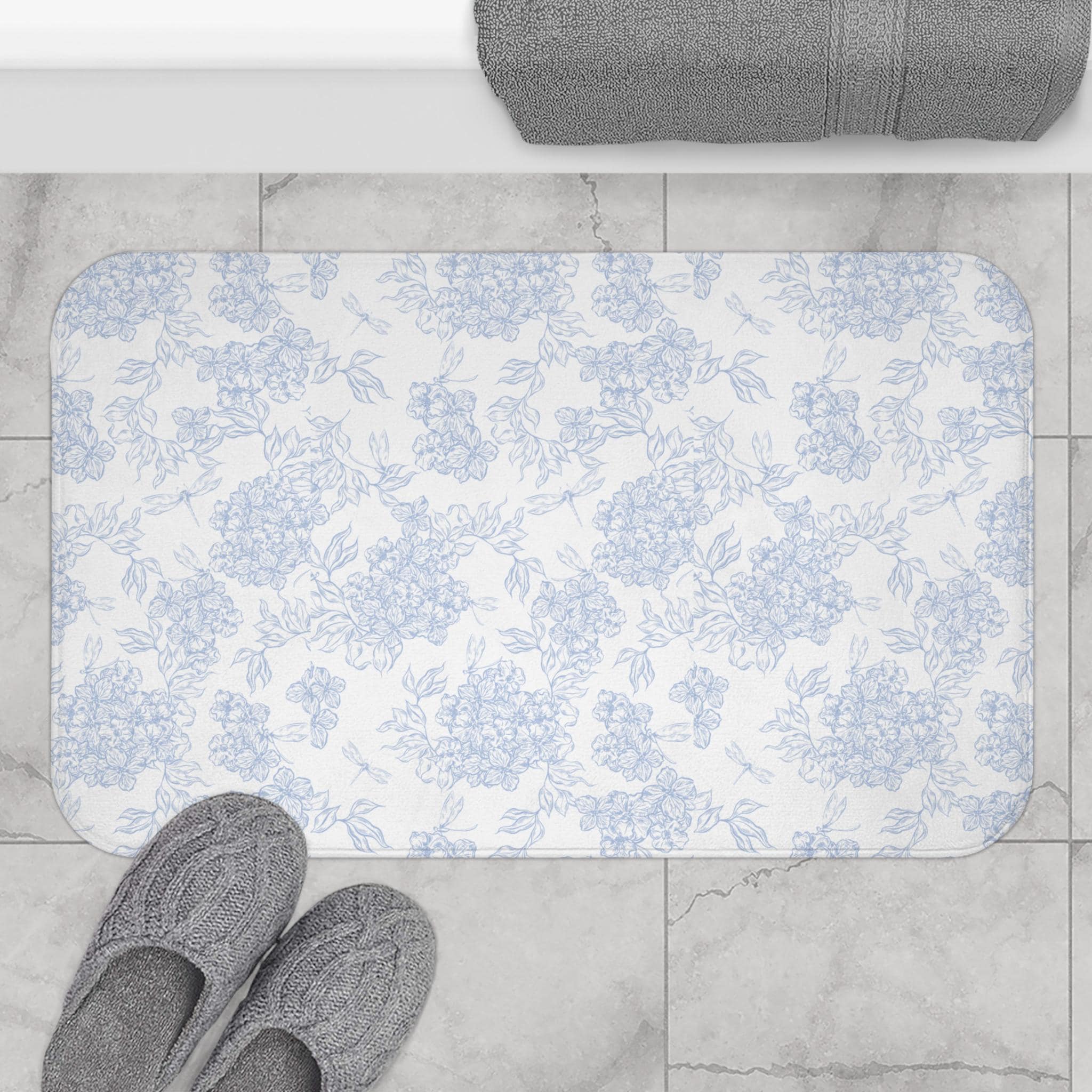 Blue Floral Toile Bath Mat, Vintage Pattern Bathroom Rug | Floral Toile, Cottage Core Bathmat, Guest Bathroom Deco, Housewarming Gift Idea