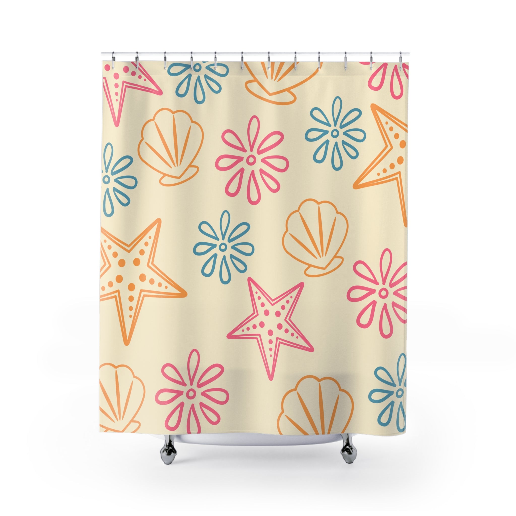 Beach Shells Shower Curtain — Coastal Starfish & Seashell Pattern, Pastel Nautical Bathroom Decor