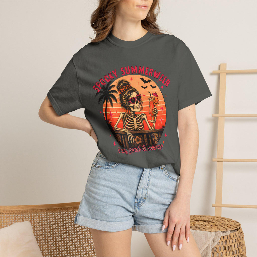 Spooky Summerween T-Shirt, Sun Sand and Screams Skeleton Beach Shirt, Halloween in July Tee, Funny Skeleton Cocktail Shirt