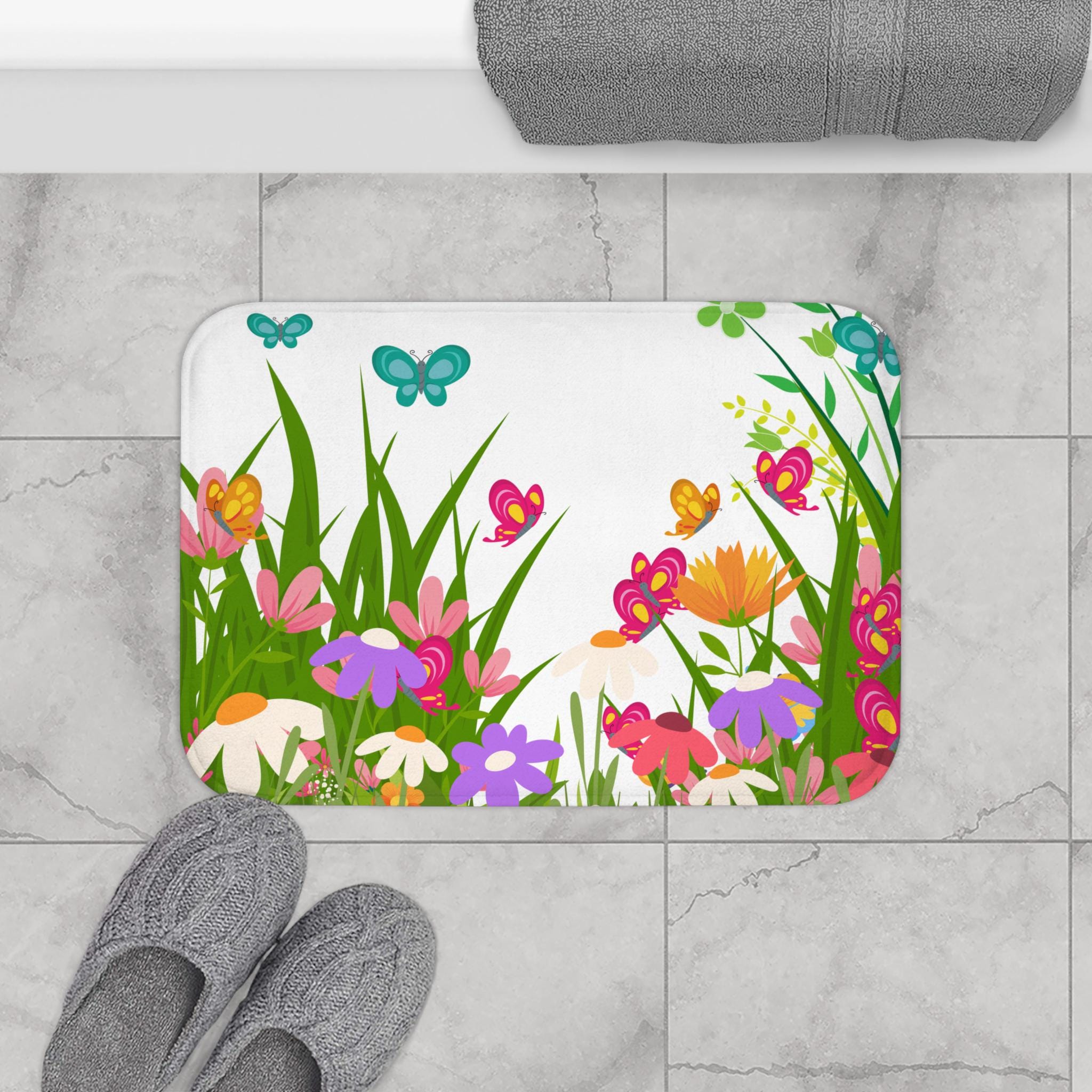 Colorful Wildflower Meadow Bath Mat | Butterflies Floral Spring, Cute Bathmat, Housewarming Gift, Floral Bathroom Deco, Luxury Bathroom Rug