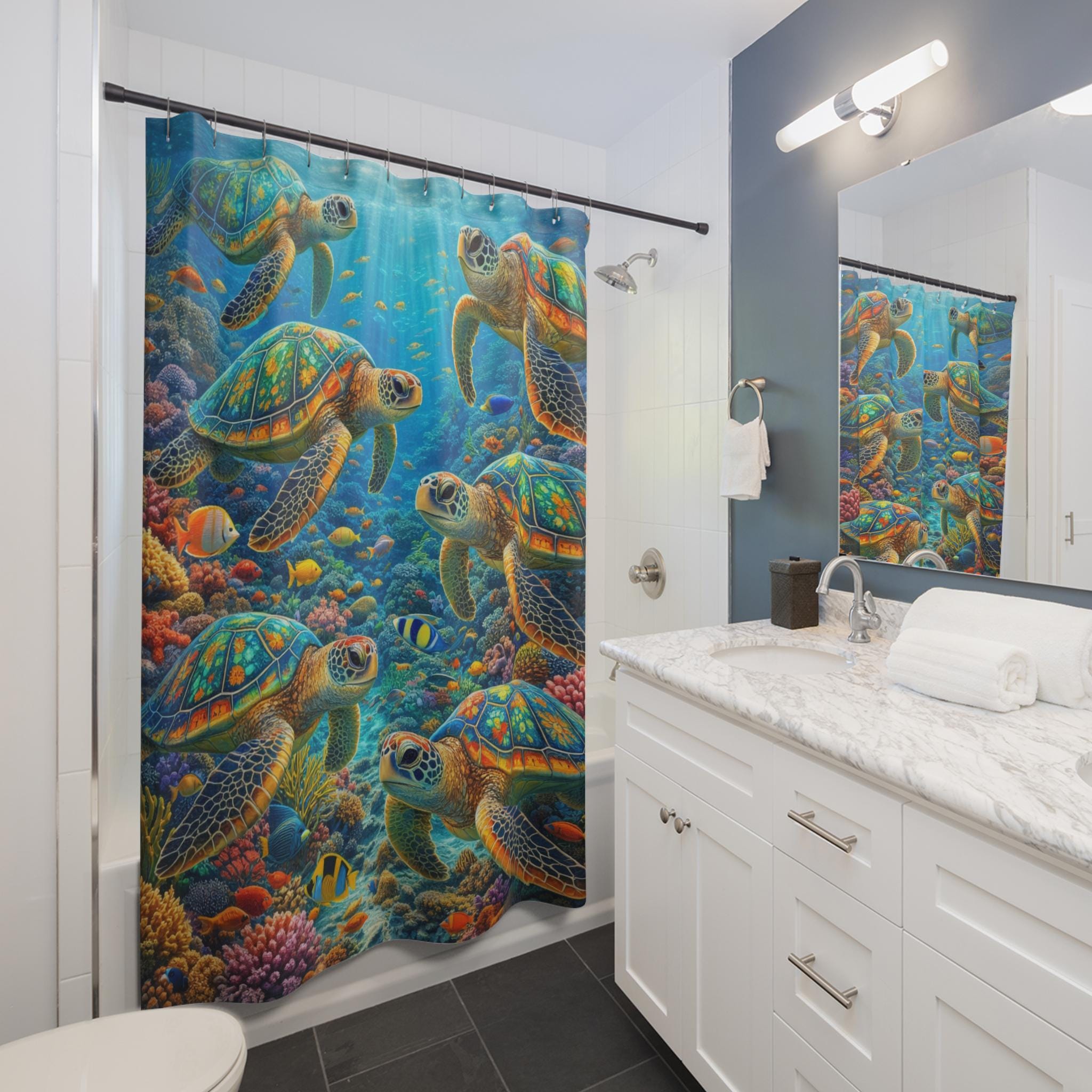 Sea Turtle Shower Curtain, Colorful Ocean Coral Reef Bathroom Decor, Tropical Fish Underwater Print, Beach House Bathroom, Nature Art Gift