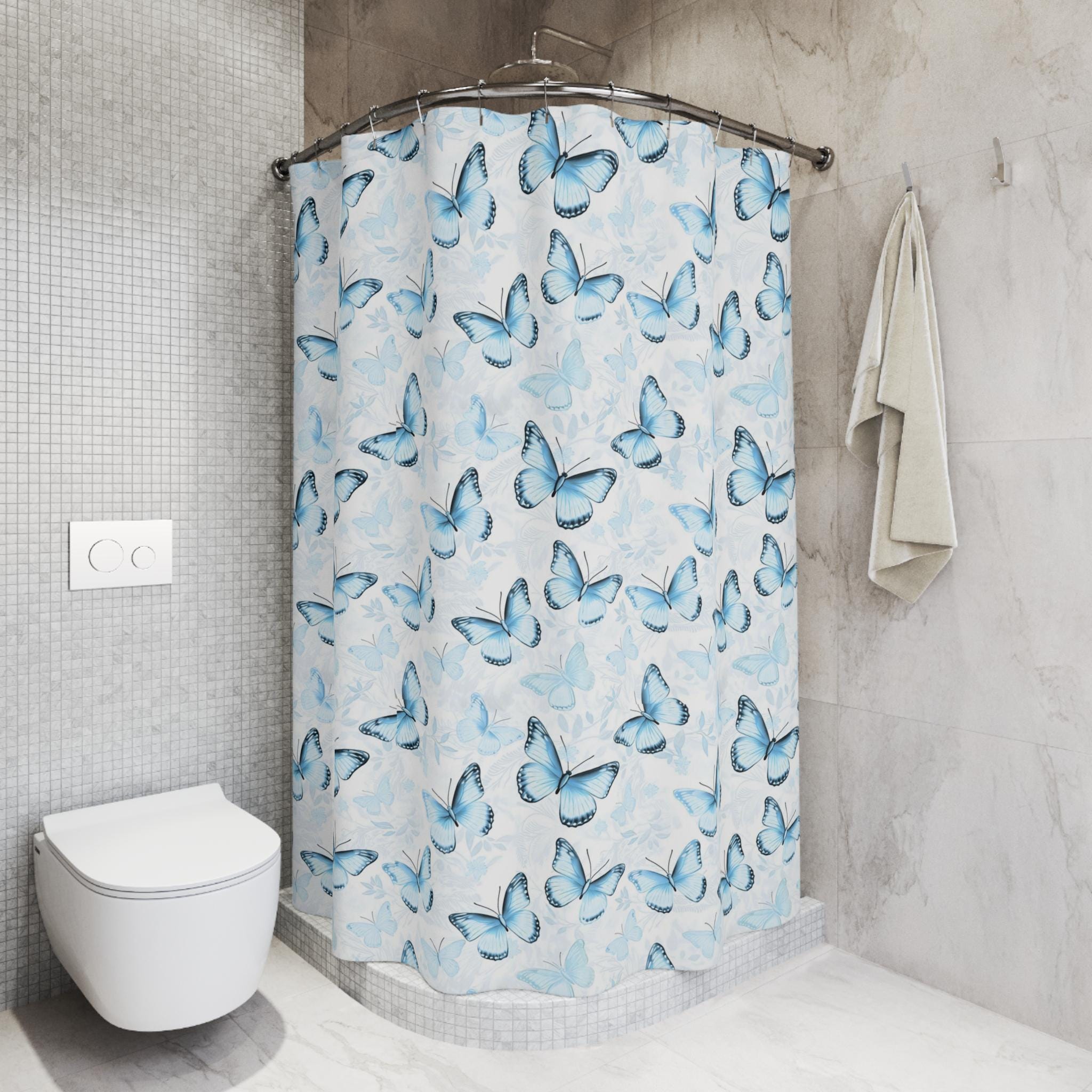 Blue Butterfly Shower Curtain, Aesthetic Bathroom Decor, Morpho Butterfly Bath Curtain, Cottagecore Shower Curtain, Boho Bathroom Decor