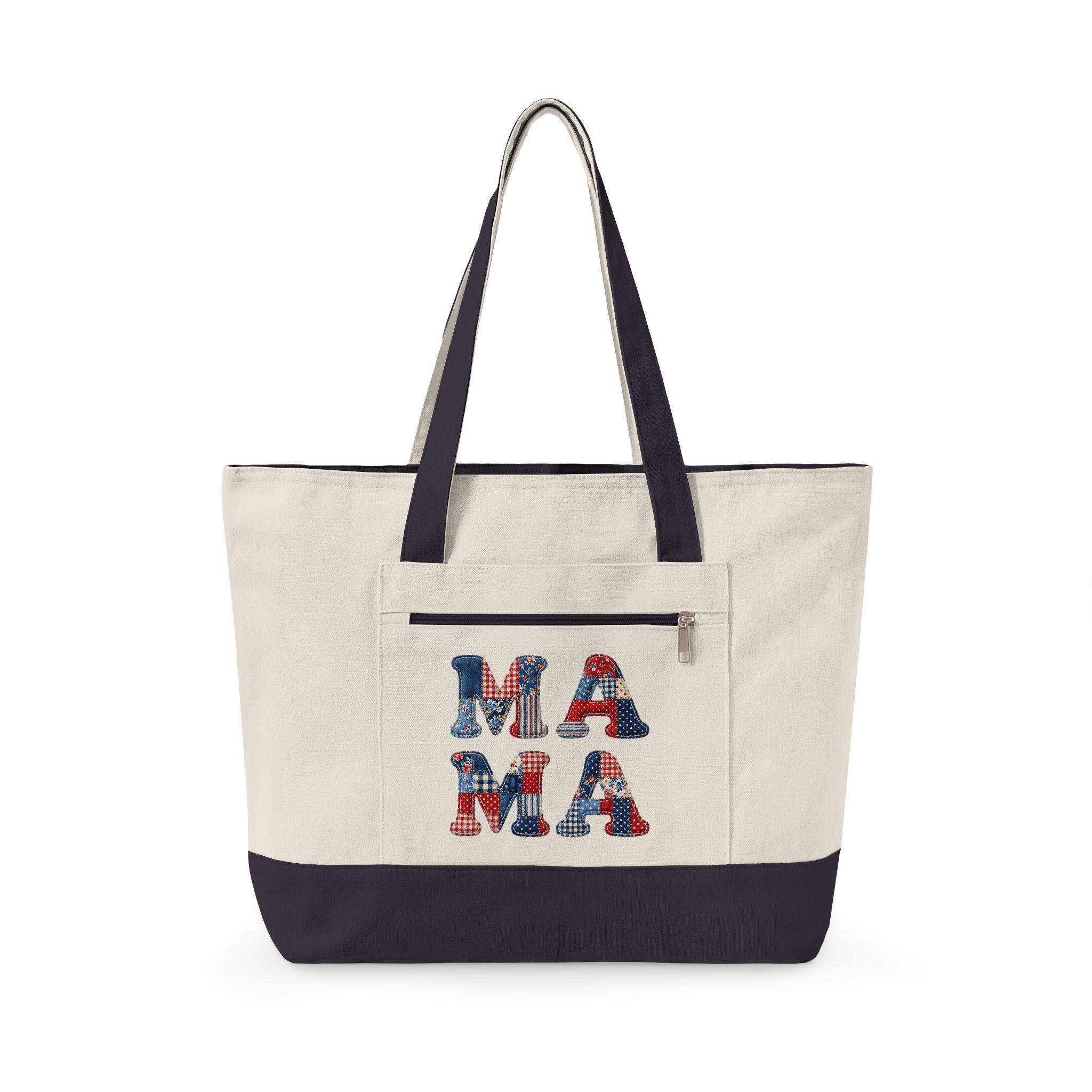 Mama Floral Patchwork Canvas Tote Bag | Zippered Everyday Carryall