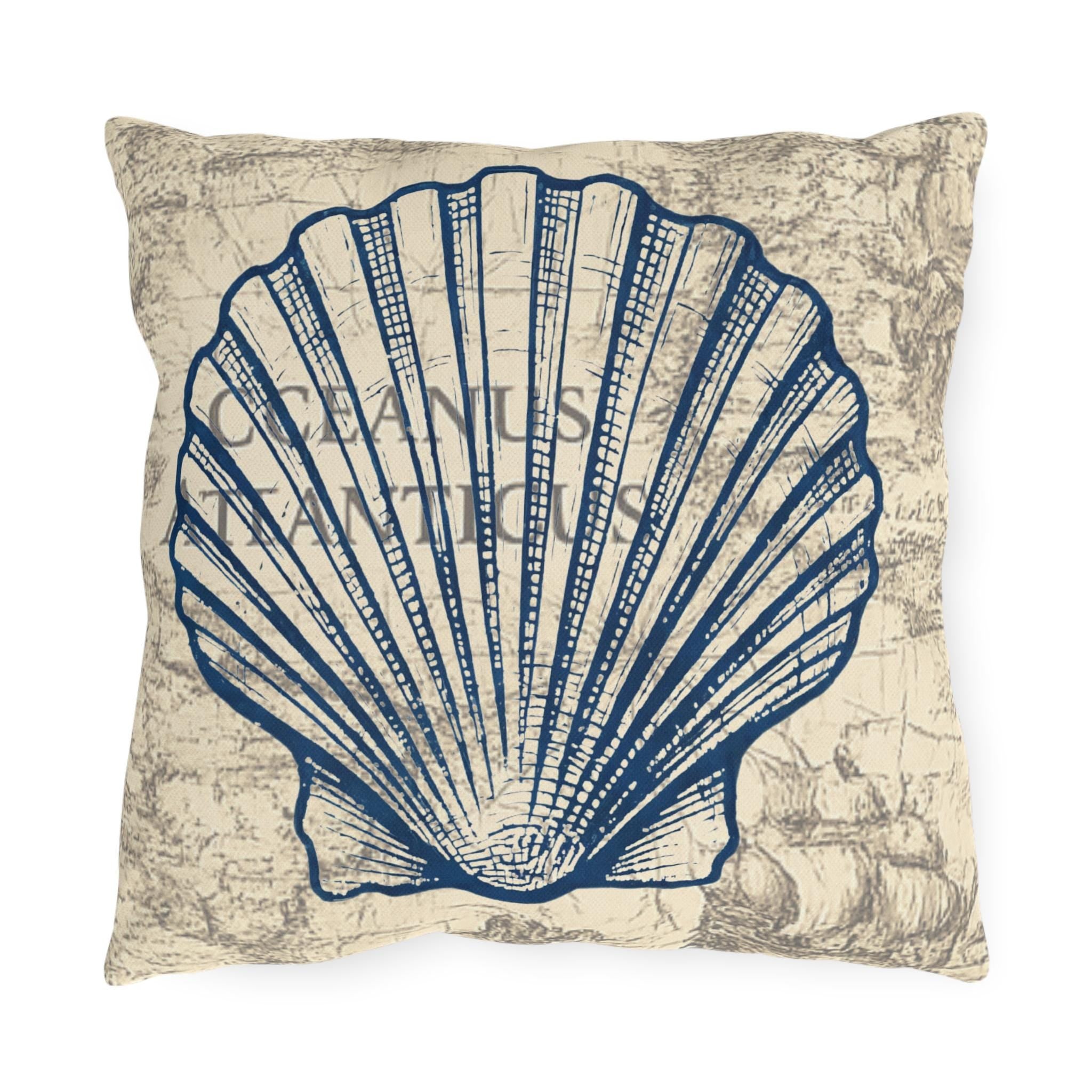 Nautical Blue Shell Pillow | Coastal Seaside Accent, Beach Porch Decor