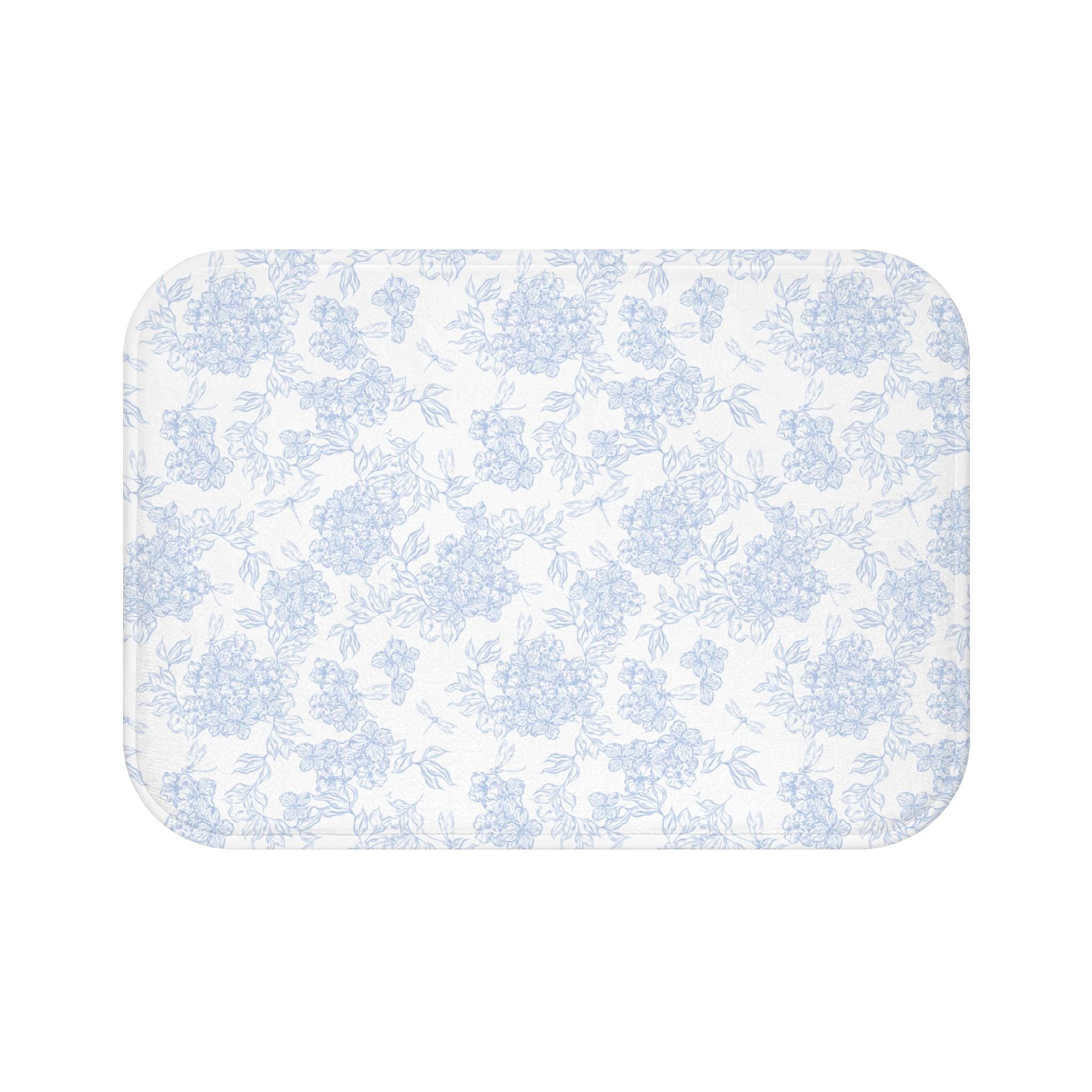 Blue Toile Floral Bath Mat Vintage Cottage Bathroom Decor, Country Bathroom Shower Curtain, New Home Gift, Light Blue Flower Shower Curtain