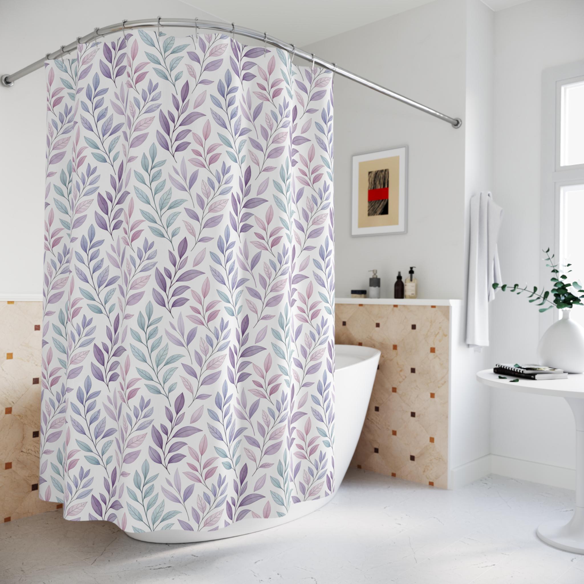 Purple Botanical Leaf Shower Curtain, Watercolor Leaves Bathroom Decor, Boho Floral Teal Mauve Bath Curtain, Minimalist Nature Home Gift