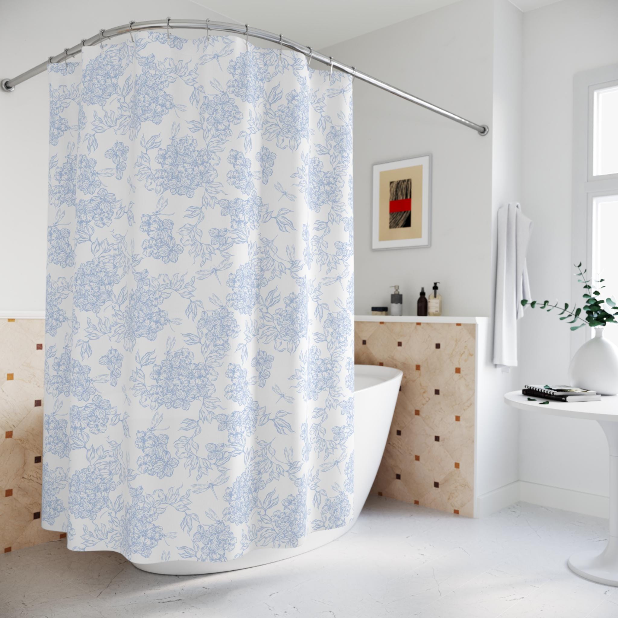 Blue Floral Toile Shower Curtain | Cottage Bathroom Decor, New Home Bathroom Gift, Light Blue Floral Cottage Core Shower Curtain
