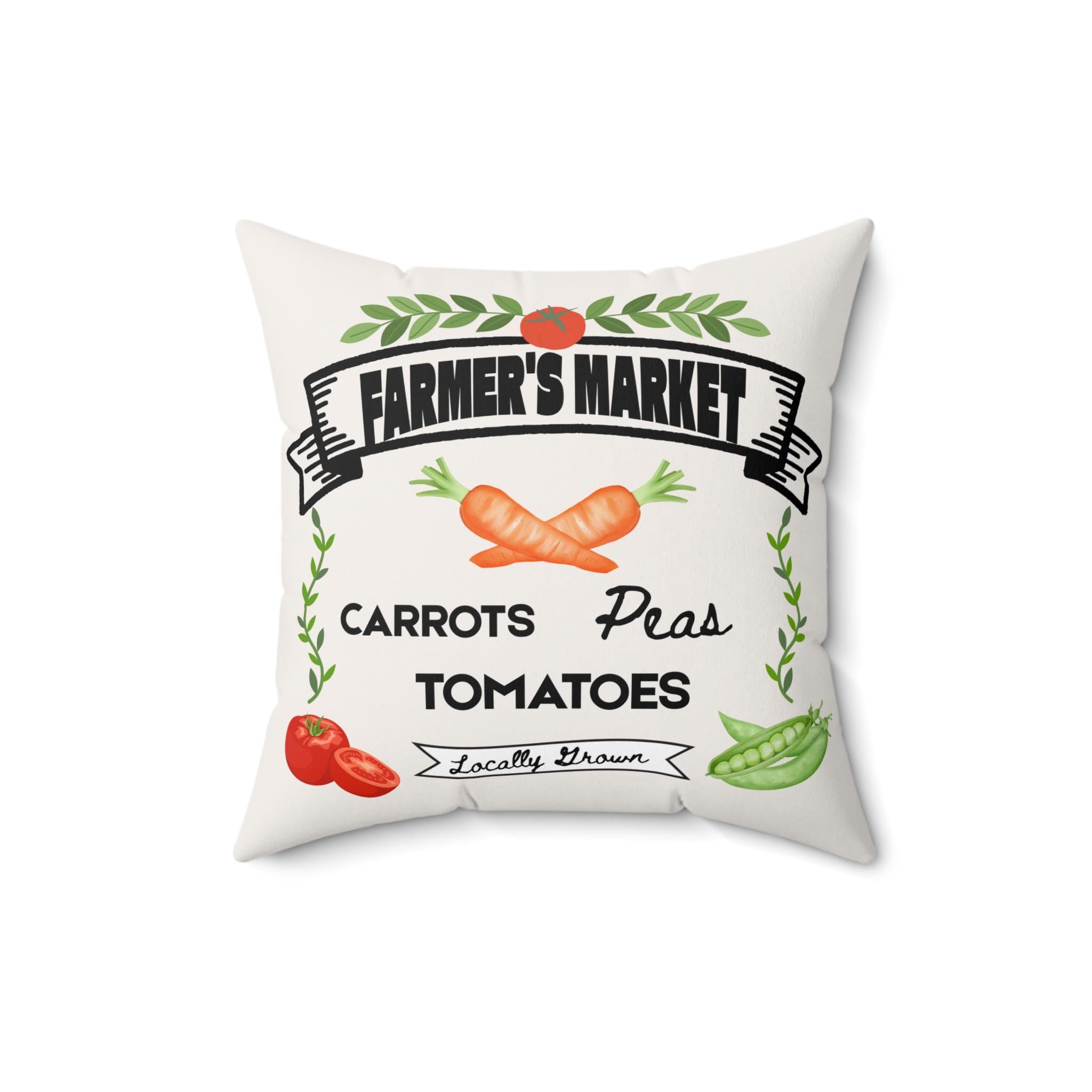 Farmer's Market Pillow, Watercolor Carrots Peas Tomatoes, Rustic Home Decor