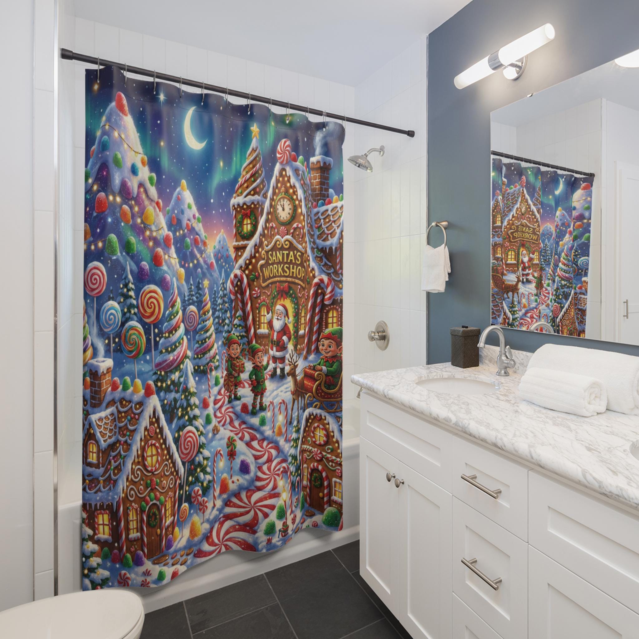 Christmas Candy Land Shower Curtain, Santa's Workshop Gingerbread Village, Festive Holiday Bathroom Decor, Colorful Whimsical Xmas Gift