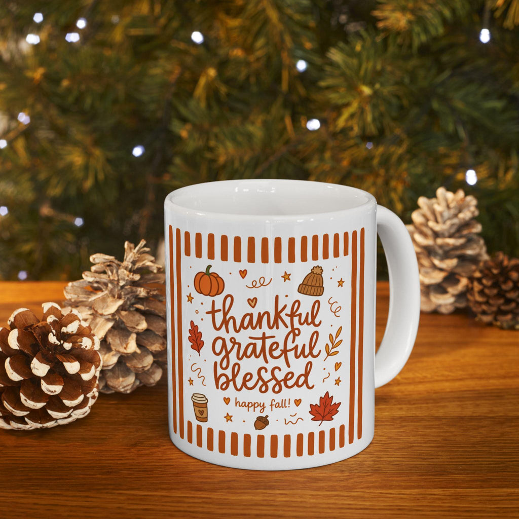 Thankful Grateful Blessed Ceramic Mug | 11oz 15oz, Fall Pumpkin Mug, Cozy Autumn Cup, Thanksgiving Gift, Farmhouse Kitchen Fall Coffee Cup