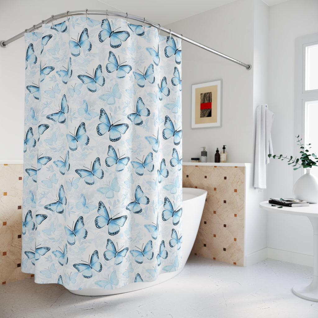 Blue Butterfly Shower Curtain — Soft Watercolor Butterflies Bathroom Decor