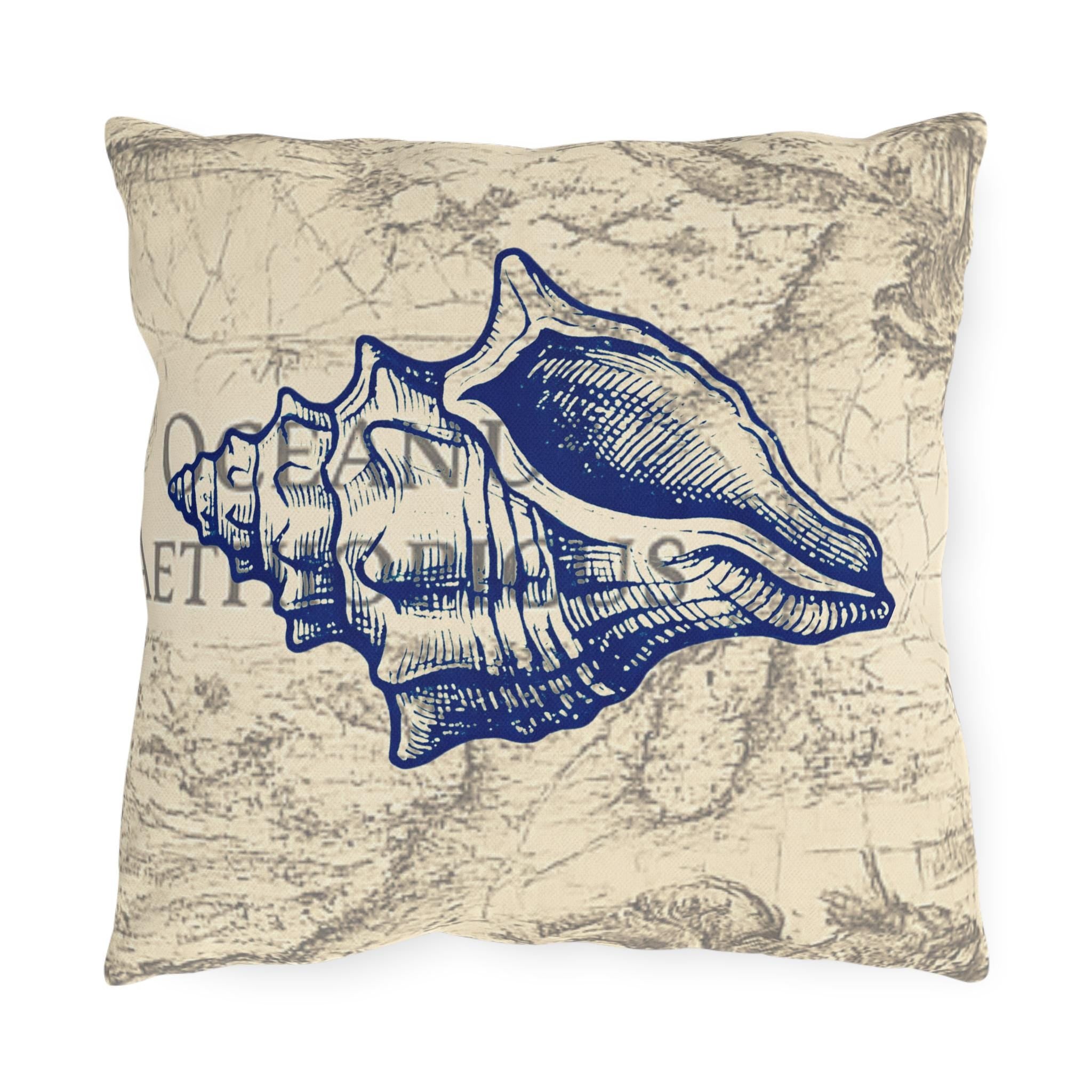 Nautical Conch Shell Pillow | Coastal Seaside Accent, Outdoor Porch Cushion