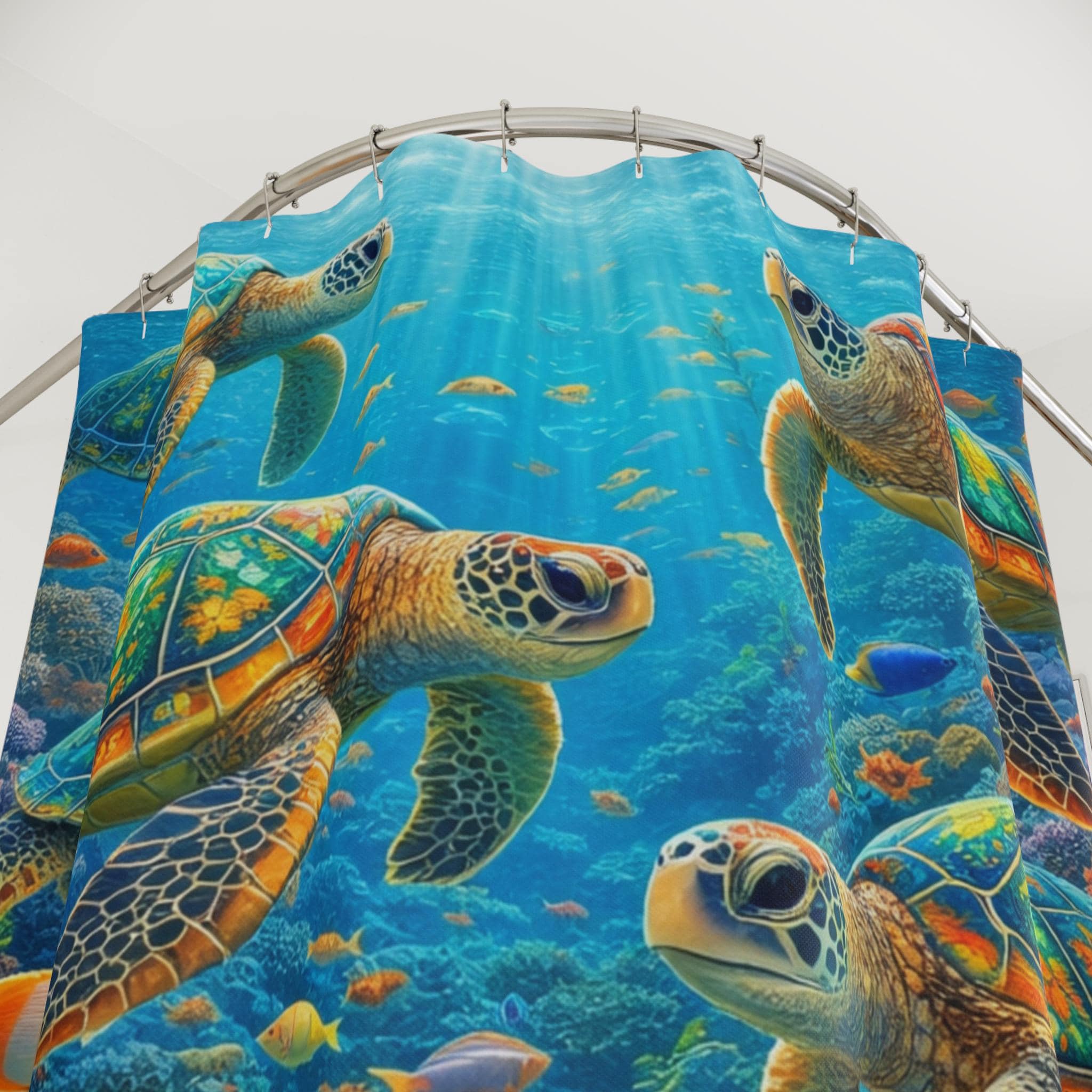 Sea Turtle Shower Curtain, Colorful Ocean Coral Reef Bathroom Decor, Tropical Fish Underwater Print, Beach House Bathroom, Nature Art Gift