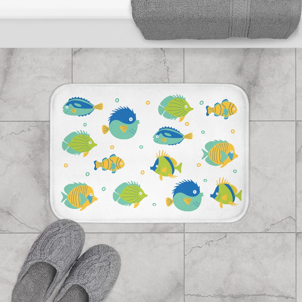 Colorful Tropical Fish Bath Mat | Nautical Ocean Pattern, Kids Bathroom, Fun Beach House Bathroom Rug, Coastal Gift Idea, Seaside Bathroom