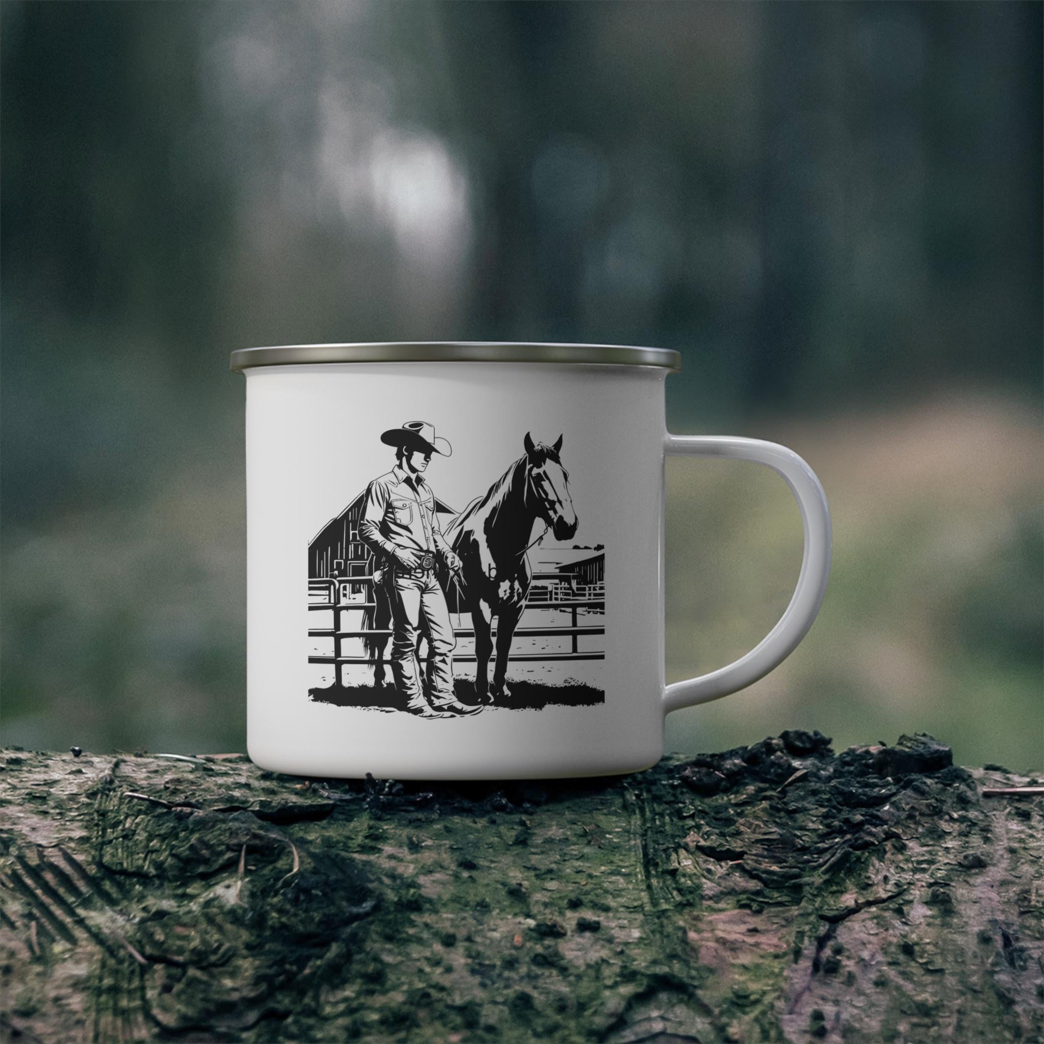 Cowboy & Horse Enamel Camping Mug: Rustic Western Decor Gift