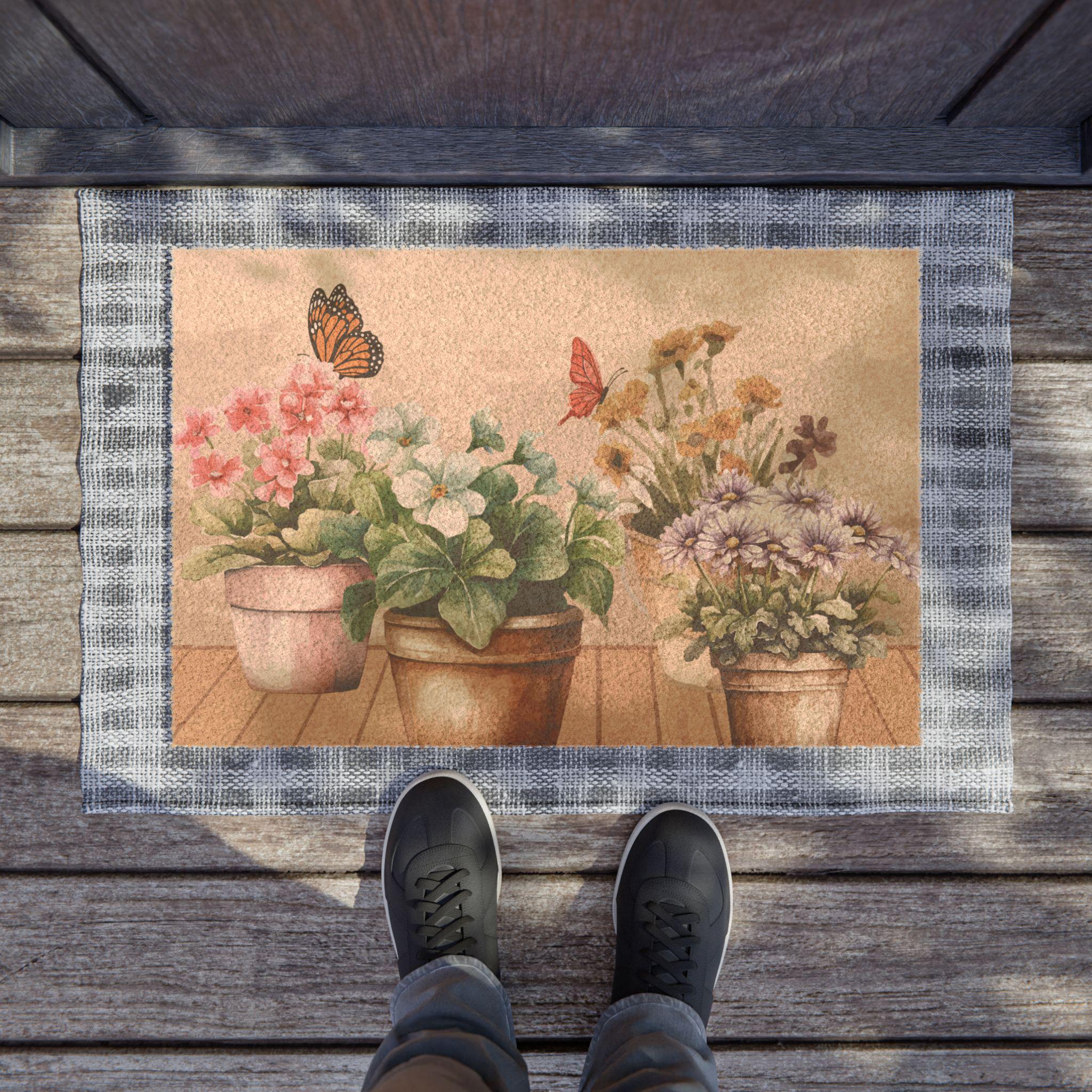 Potted Flower and Butterfly Doormat | Cottage Charm Entryway Rug