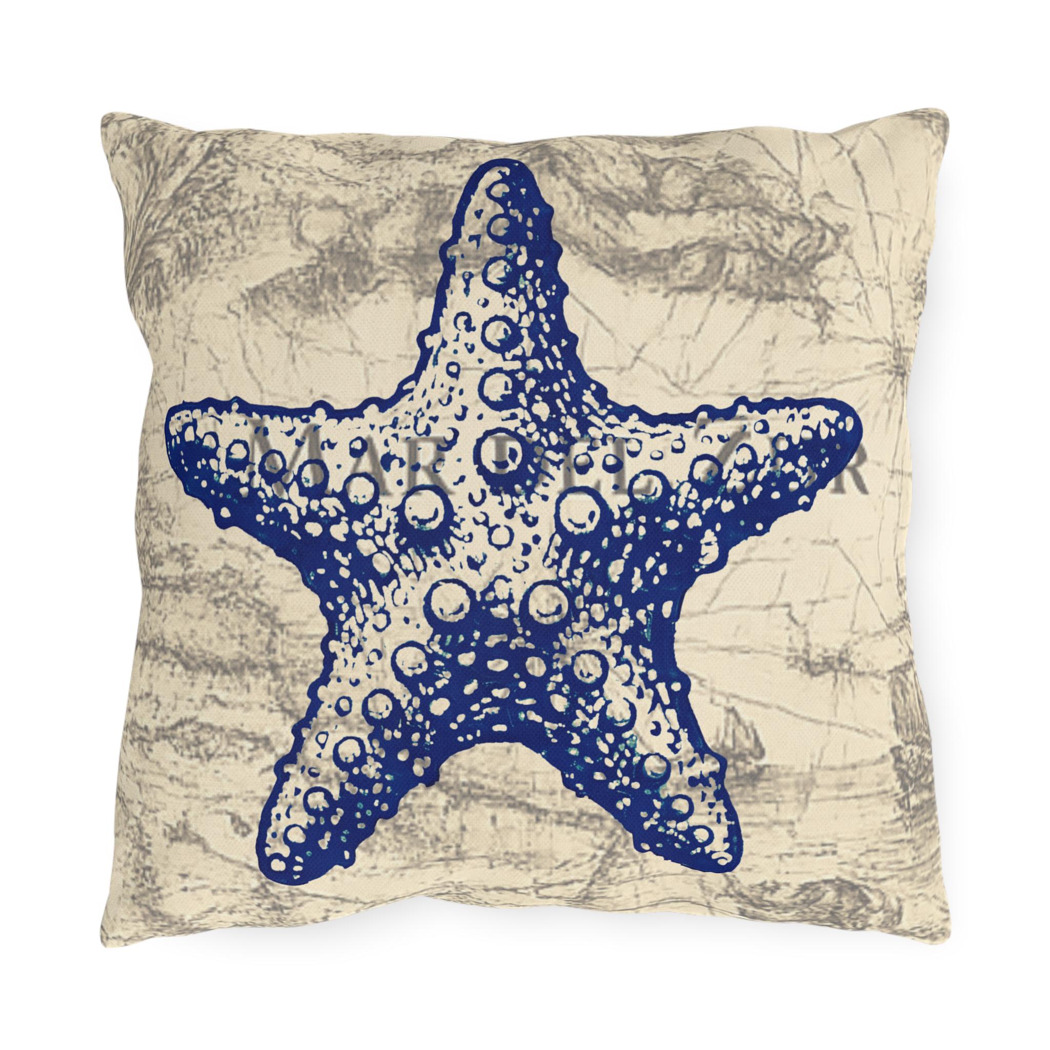 Nautical Blue Starfish Outdoor Pillow | Coastal Beach Decorative Cushion