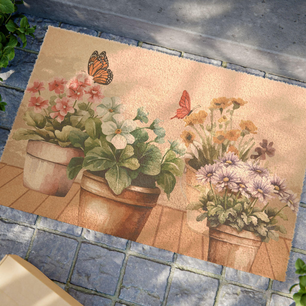 Potted Flower and Butterfly Doormat | Cottage Charm Entryway Rug