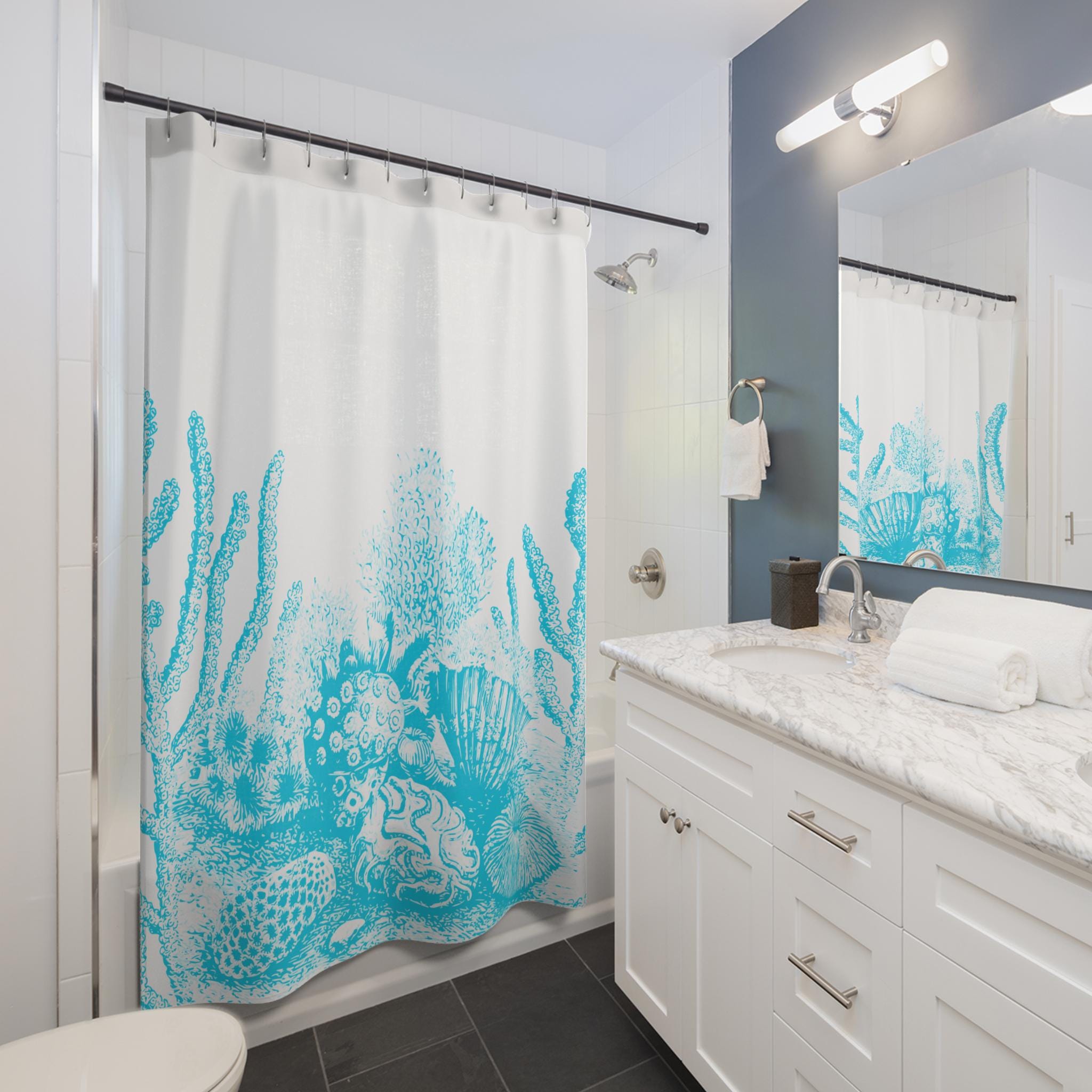 Blue Coral Reef Shower Curtain | Ocean Sea Life Bathroom Decor, Beach Vacation House Bathroom Curtain, New Home Bathroom Gift, Wedding Gift
